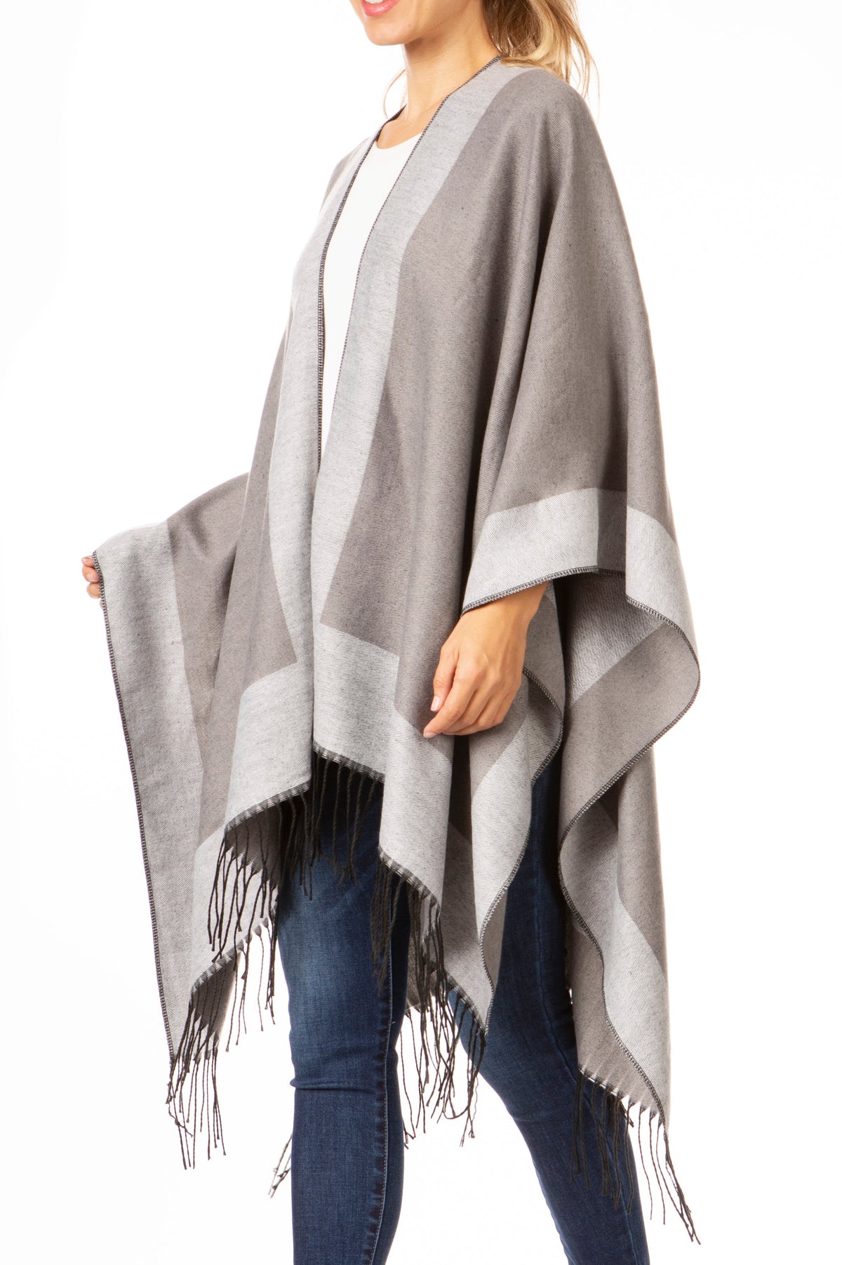Sakkas Avi Women's Reversible Open Front Poncho Cardigan Ruana Cape Shawl W/Fringe