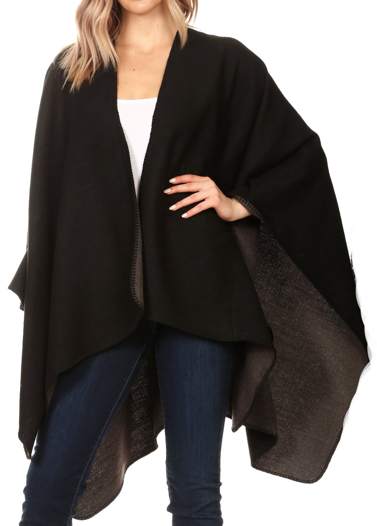 Sakkas Mari Women's Reversible Large Poncho Shawl Wrap Scarf Cape Ruana Blanket