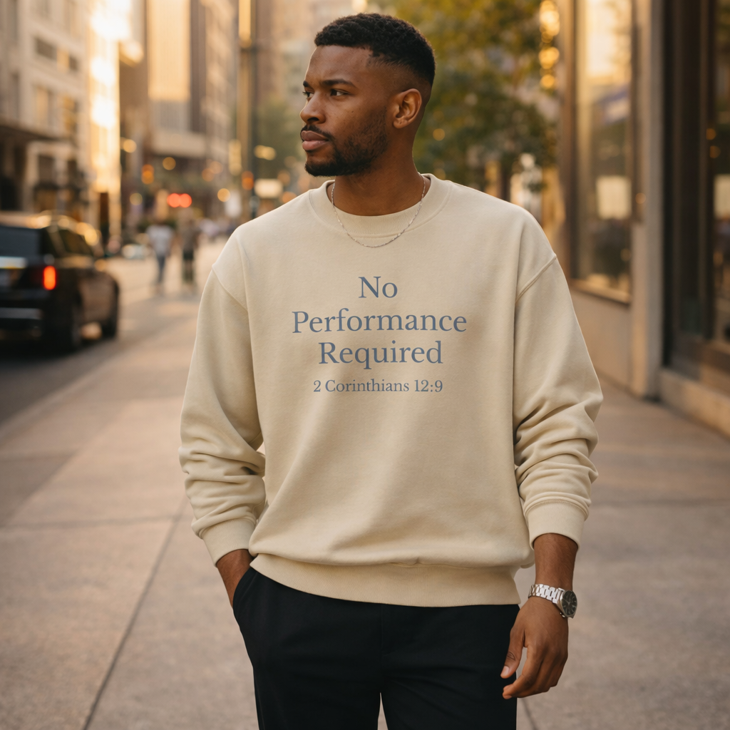 No Performance Required Sweatshirt — 2 Corinthians 12:9 Christian Crewneck