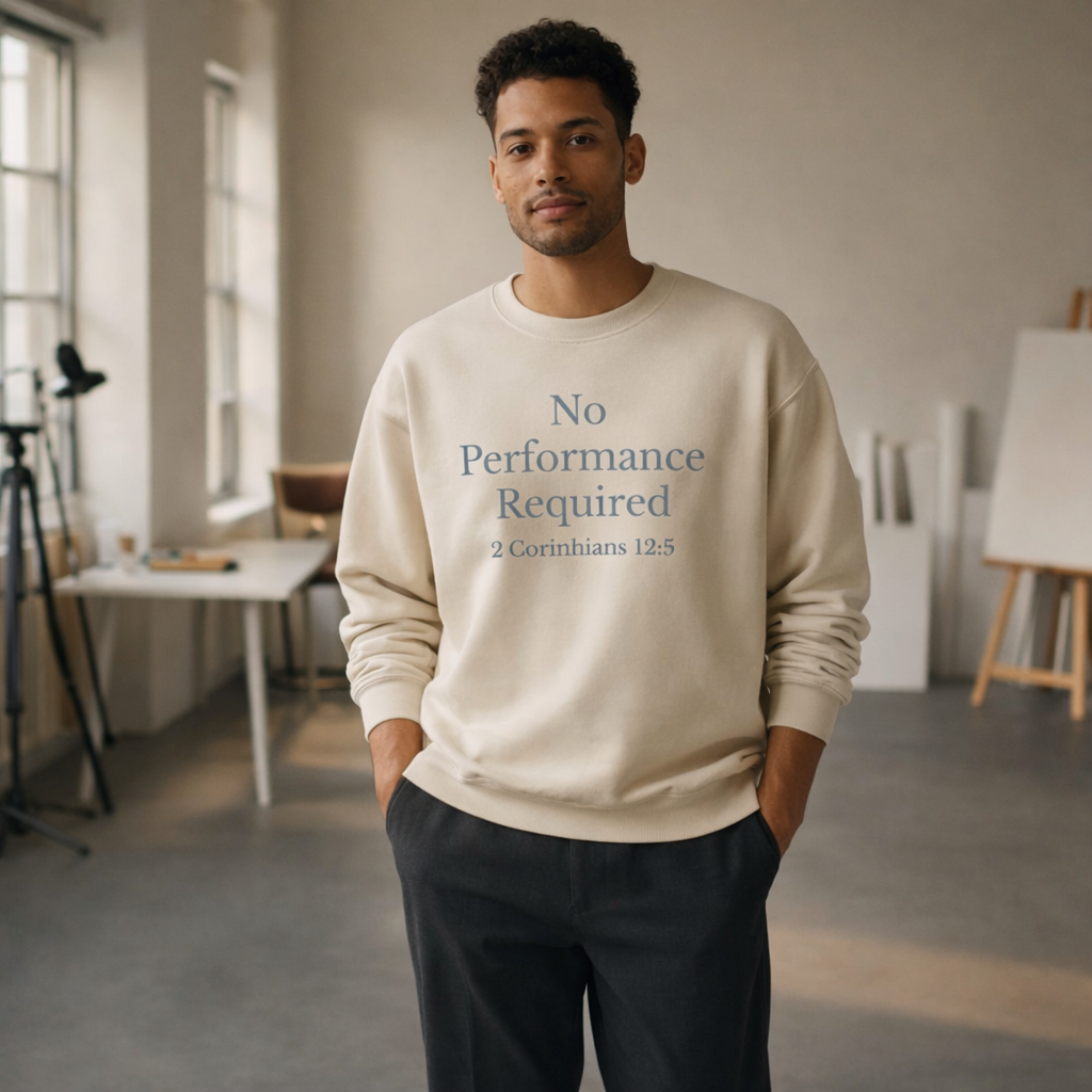 No Performance Required Sweatshirt — 2 Corinthians 12:9 Christian Crewneck