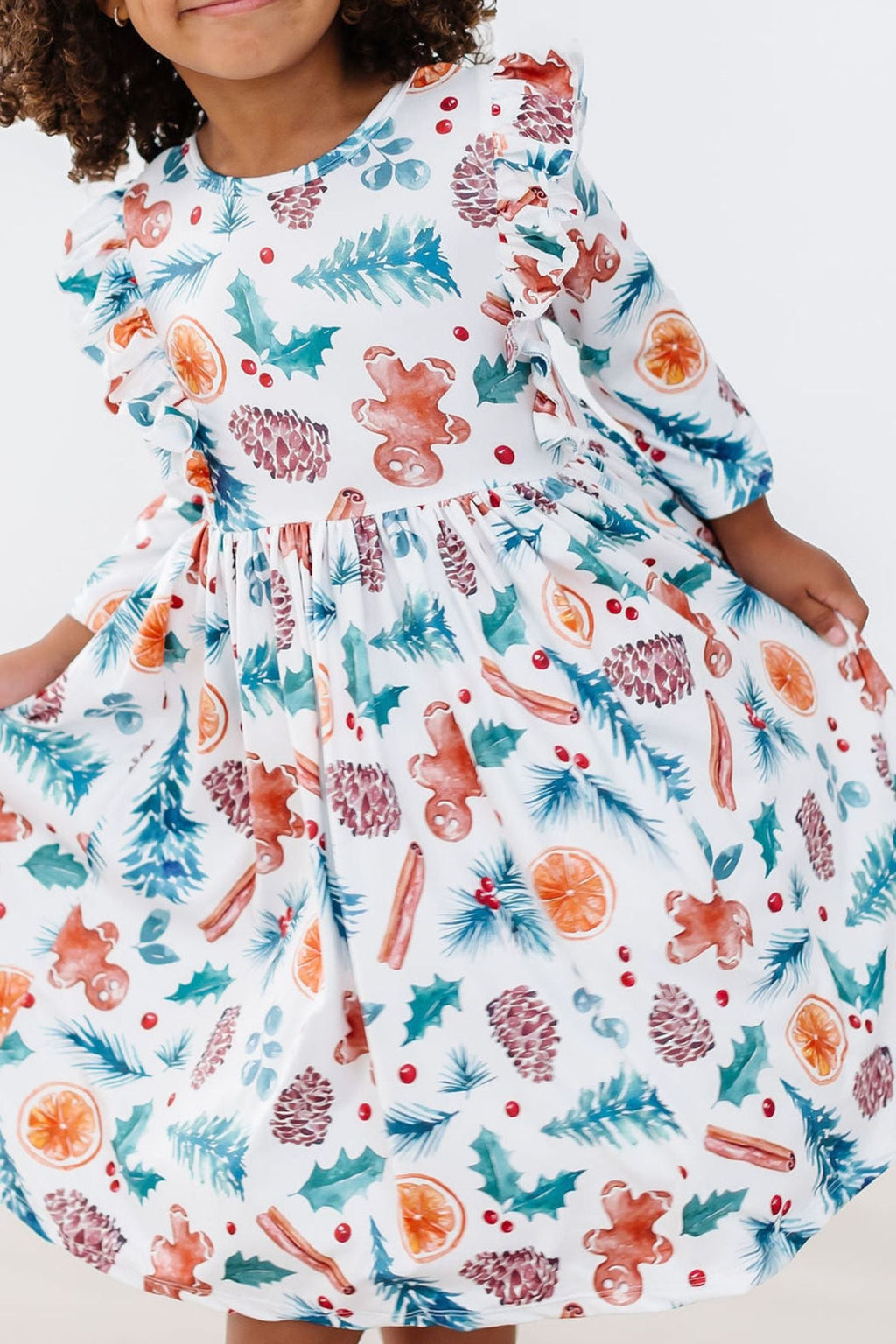 Classic Christmas 3/4 Sleeve Ruffle Twirl Dress