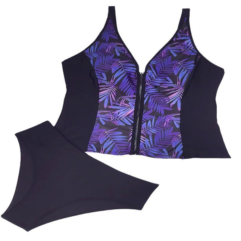 Women's Swimwear  Leaf Print Zipper Plus Size Women's Swimwear