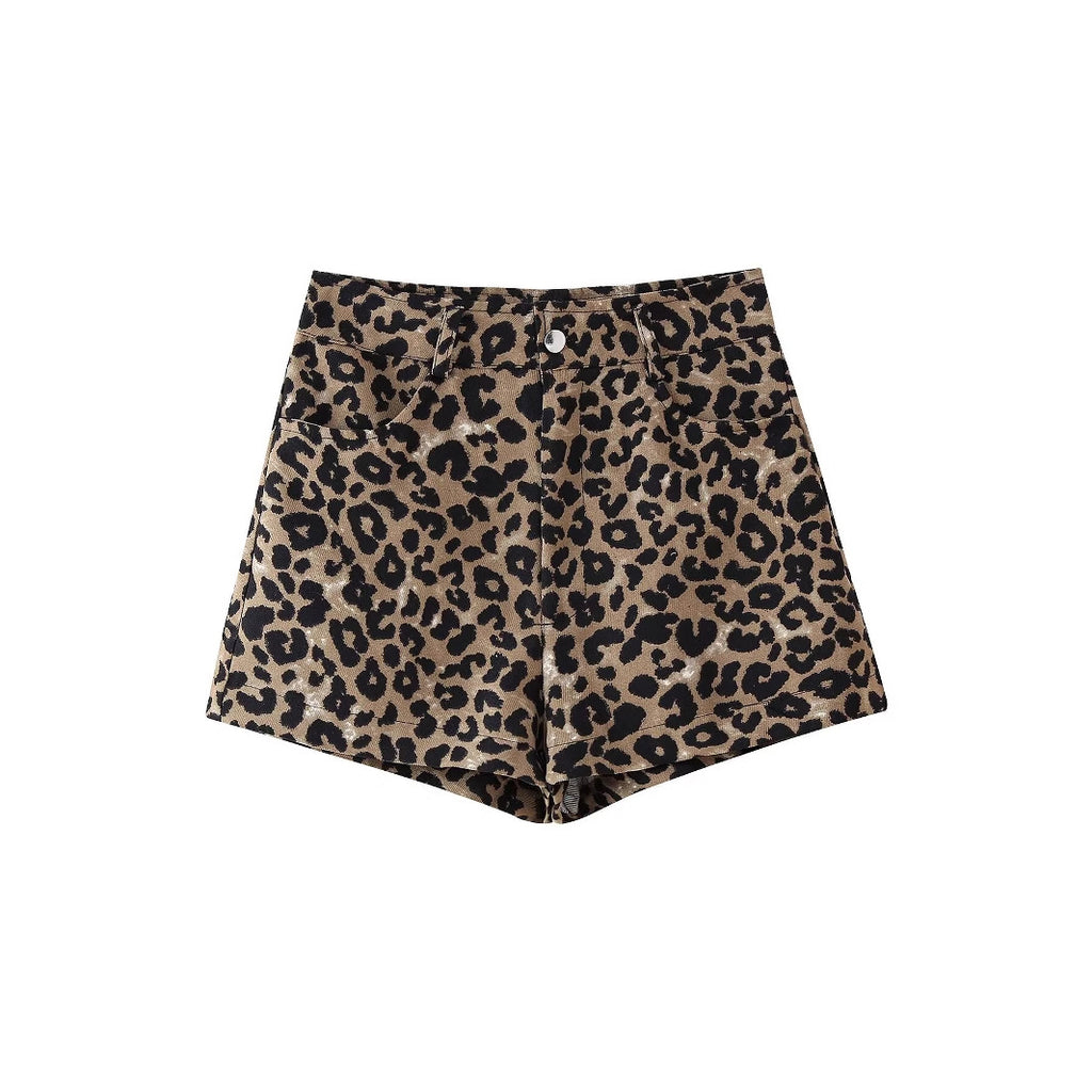 Casual versatile buckle animal print slimming and minimalist shorts for women