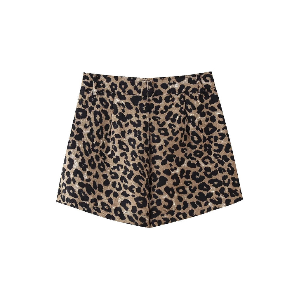 Casual versatile buckle animal print slimming and minimalist shorts for women