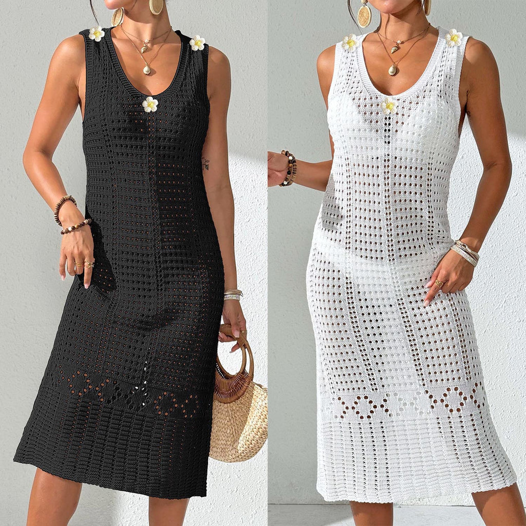 Women's Sexy Hollow Knit Sleeveless Dress Beach Bikini Cover-Up Dress