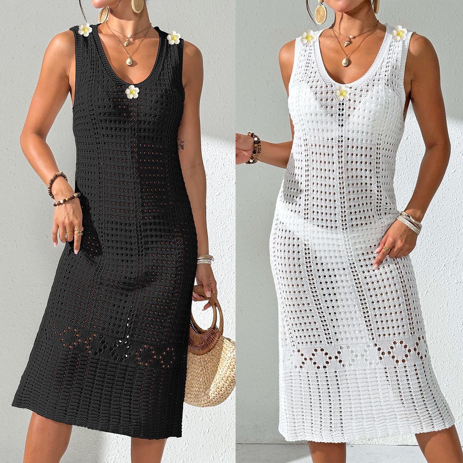 Women's Sexy Hollow Knit Sleeveless Dress Beach Bikini Cover-Up Dress