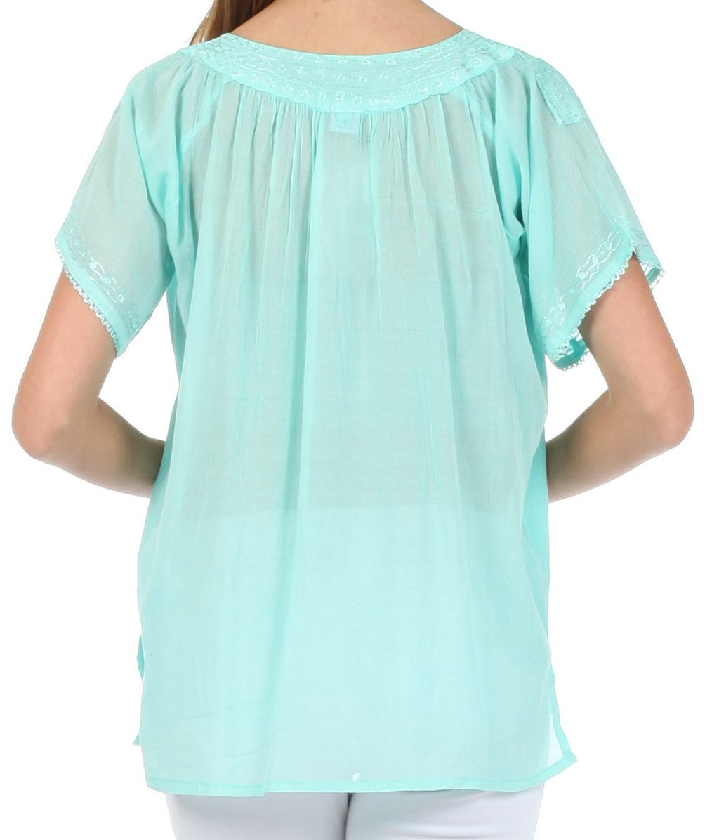 Sakkas Embroidered 100% Cotton Semi-Sheer Short Sleeve Gauzy Top / Blouse
