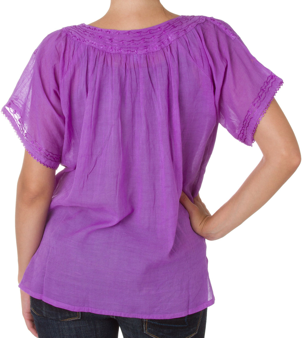 Sakkas Embroidered 100% Cotton Semi-Sheer Short Sleeve Gauzy Top / Blouse