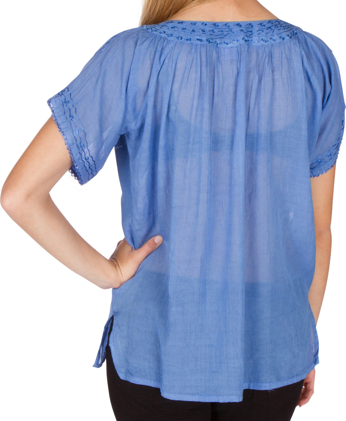 Sakkas Embroidered 100% Cotton Semi-Sheer Short Sleeve Gauzy Top / Blouse
