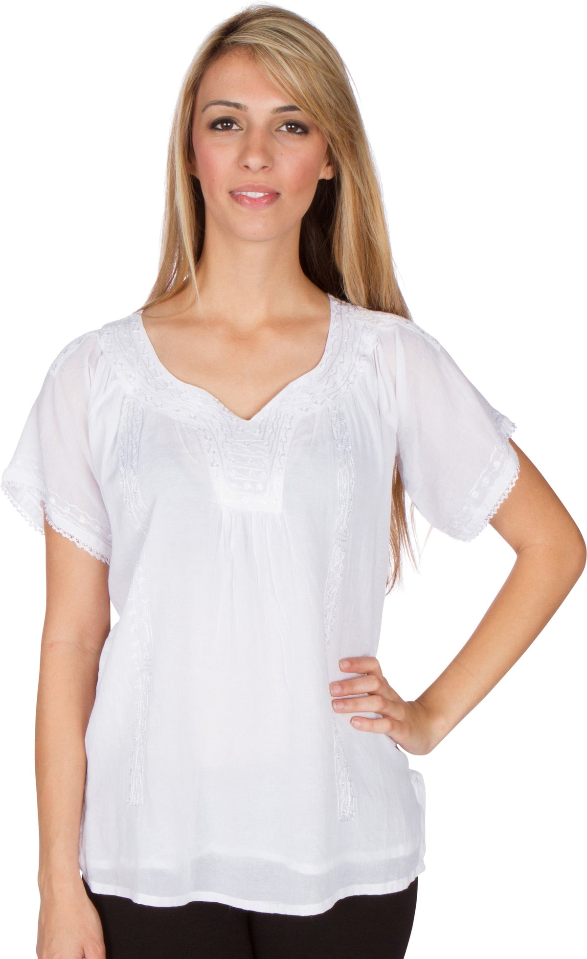Sakkas Embroidered 100% Cotton Semi-Sheer Short Sleeve Gauzy Top / Blouse