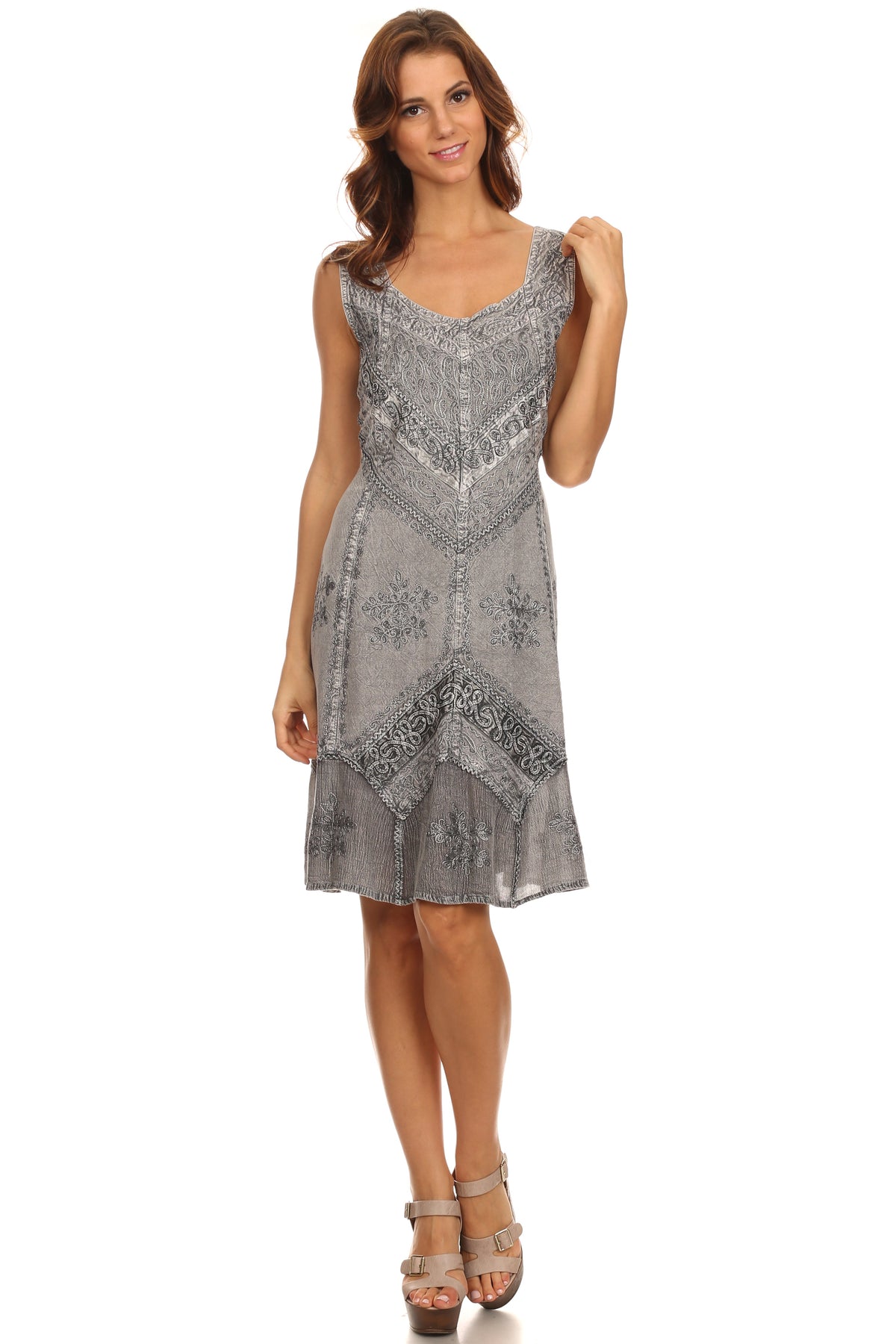 Sakkas Sudha Stonewash Embroidery Mid Length Adjustable dress