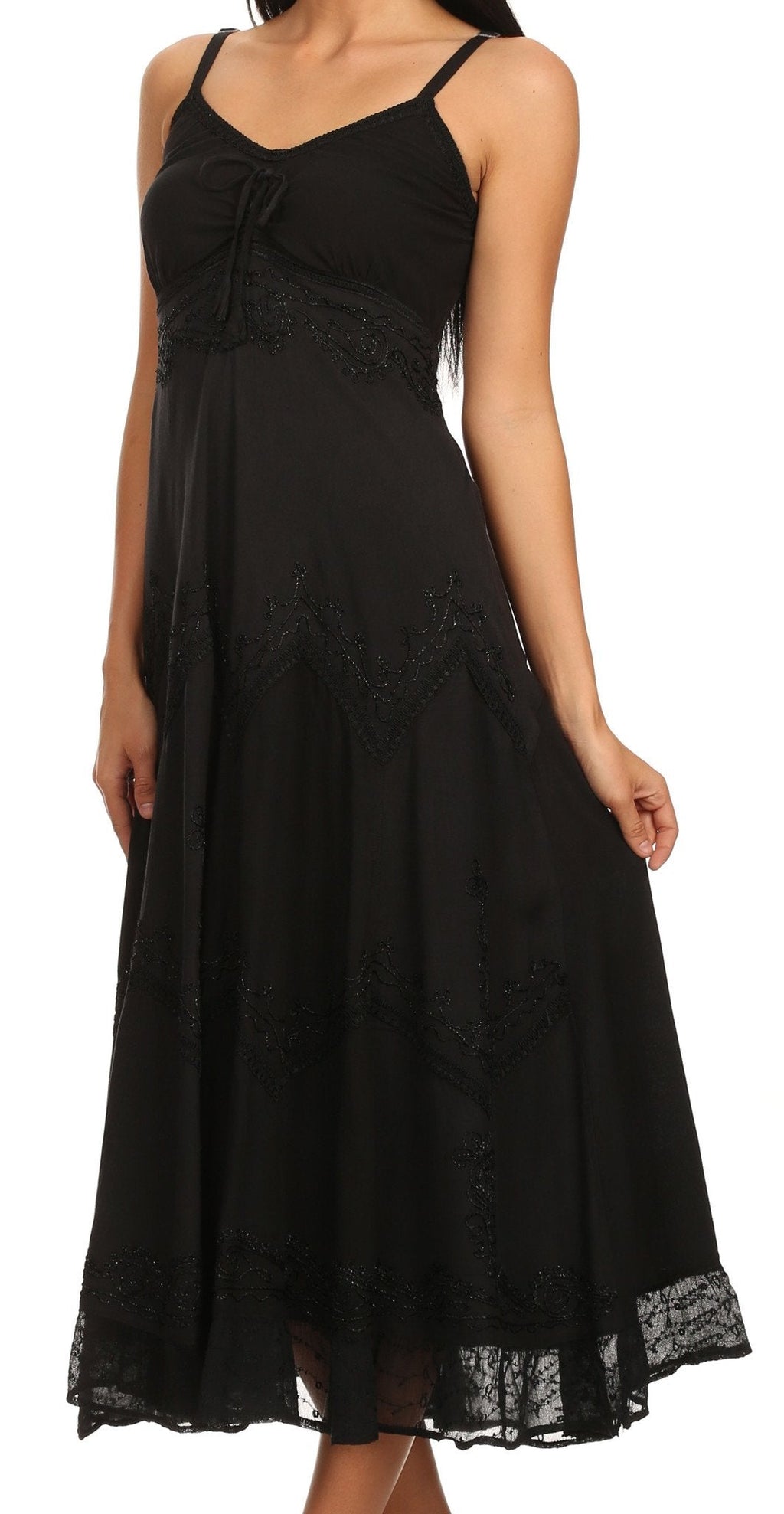 Sakkas Iris Plaid Stonewashed Rayon Embroidered Adjustable Spaghetti Straps Dress