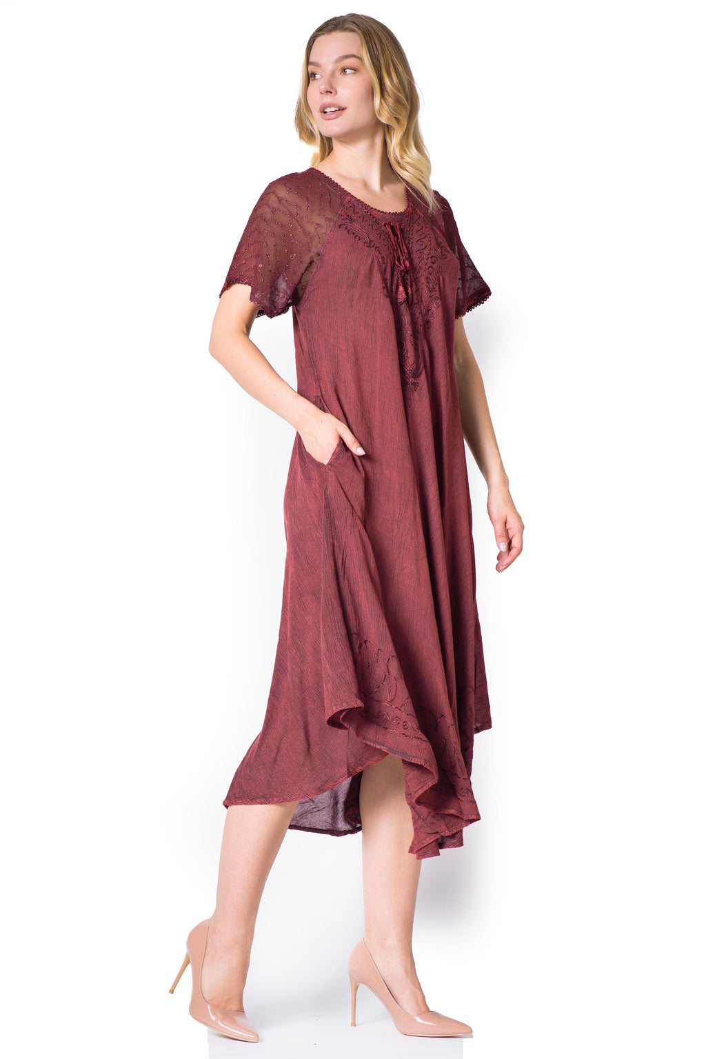 Sakkas Egan Women's Long Embroidered Caftan Dress / Cover Up With Embroidered Cap Sleeves