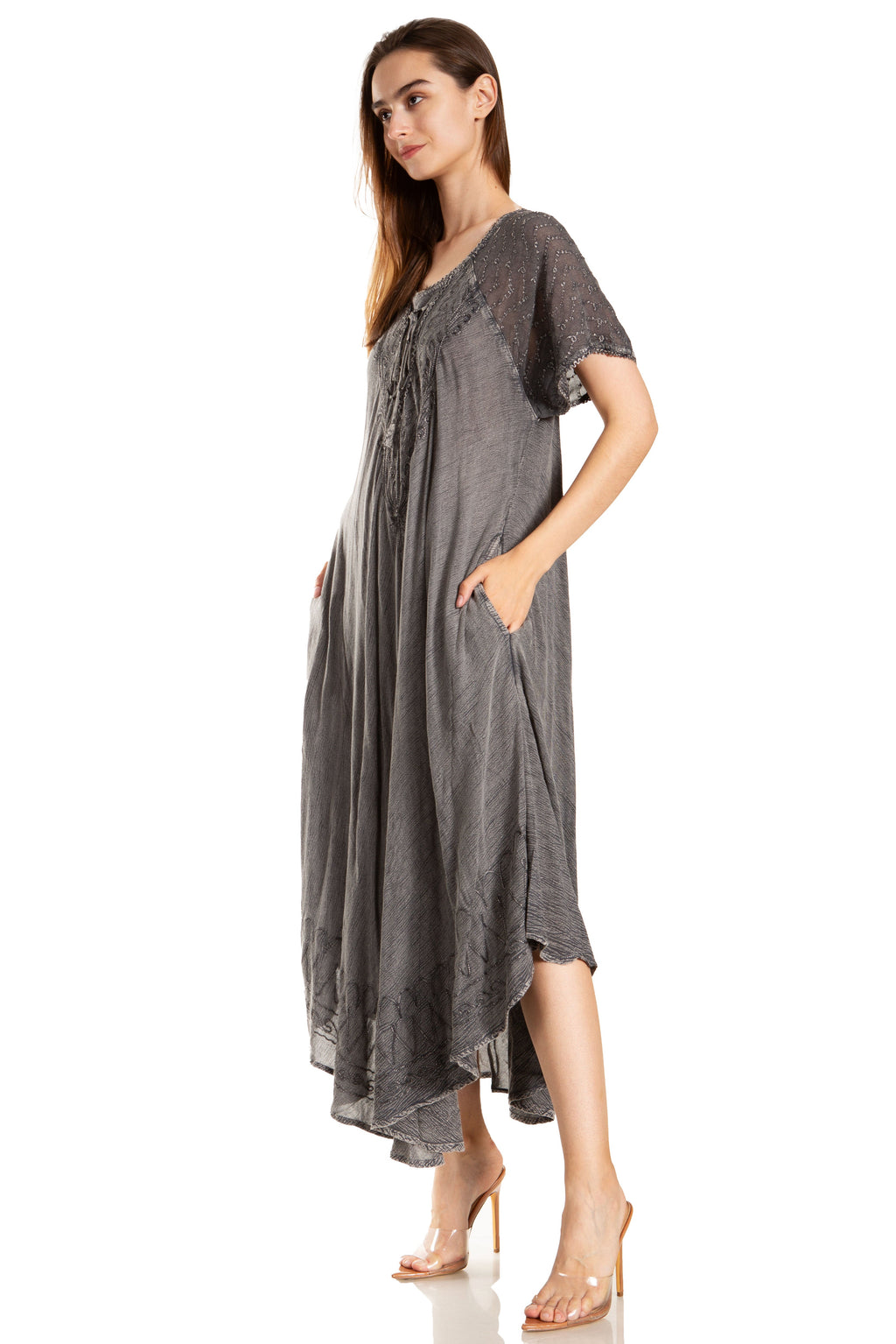Sakkas Egan Women's Long Embroidered Caftan Dress / Cover Up With Embroidered Cap Sleeves