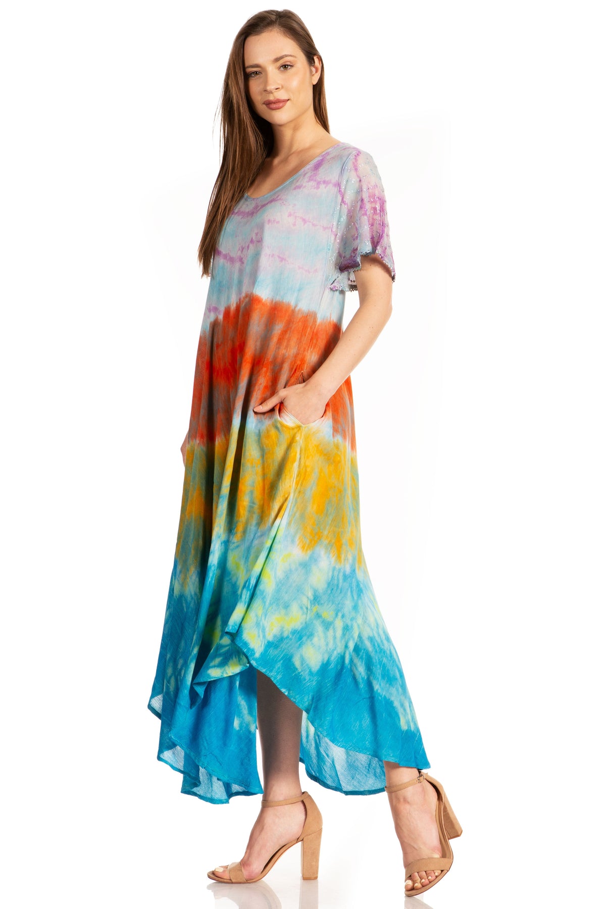 Sakkas Kaylaye Long Tie Dye Ombre Embroidered Cap Sleeve Caftan Dress / Cover Up