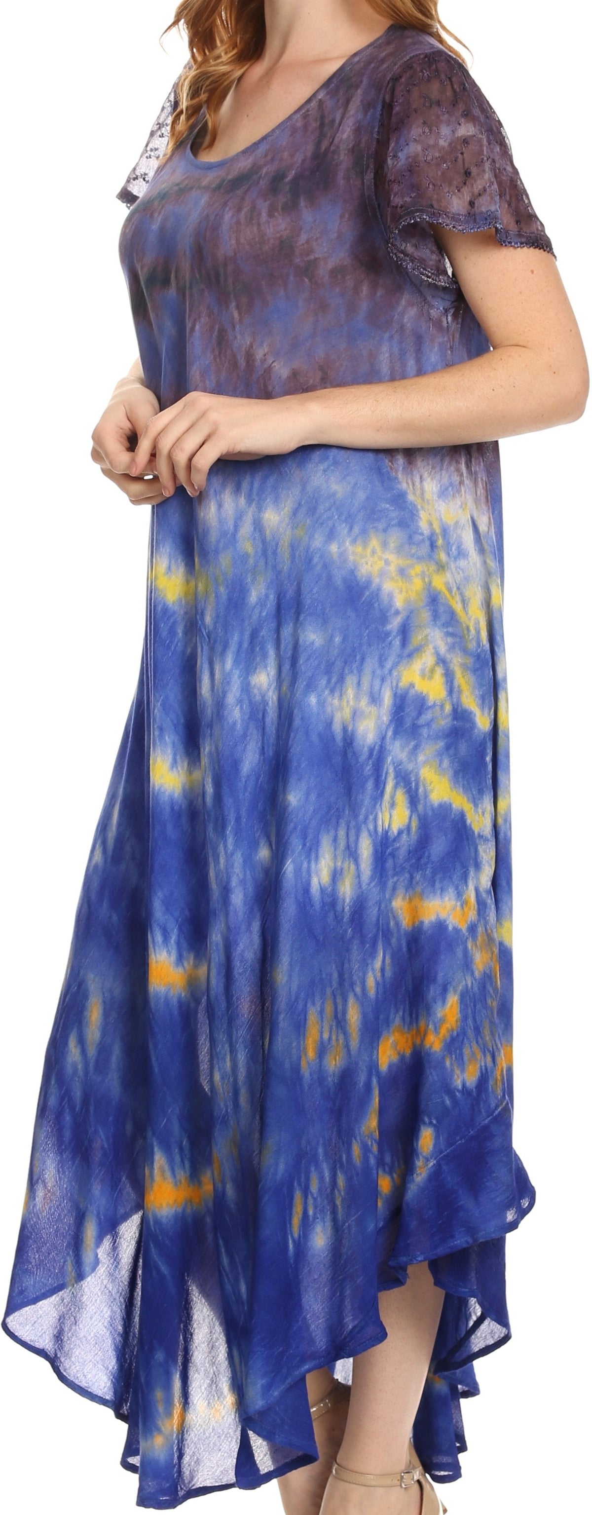 Sakkas Kaylaye Long Tie Dye Ombre Embroidered Cap Sleeve Caftan Dress / Cover Up