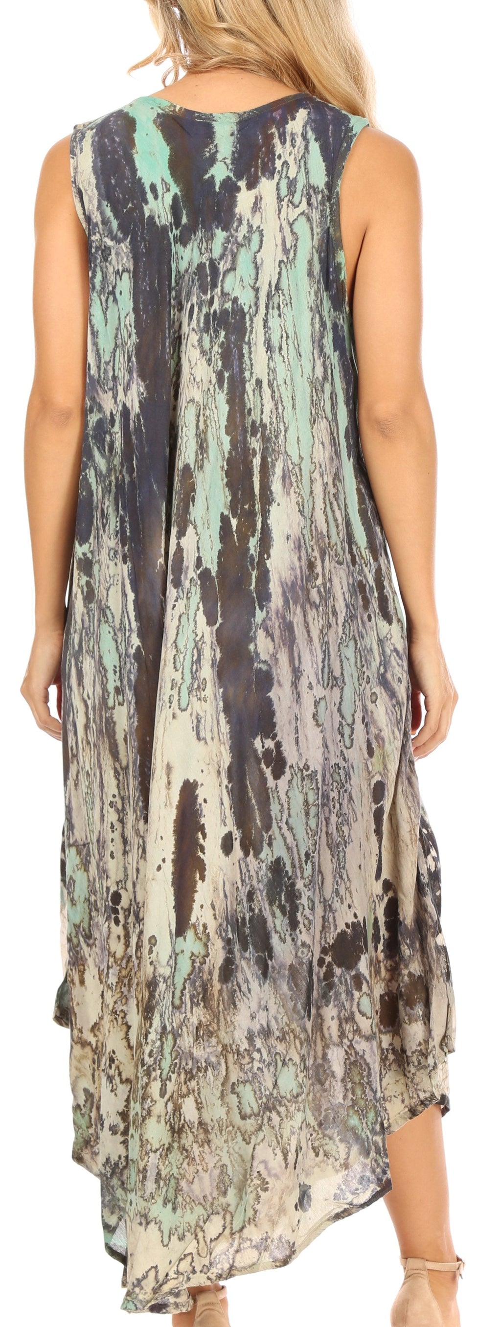 Sakkas Julia Boho Flared Multi-color Marble Batik Cotton Long Dress  / Cover Up