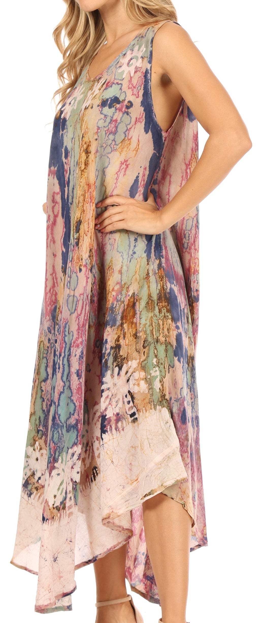 Sakkas Julia Boho Flared Multi-color Marble Batik Cotton Long Dress  / Cover Up