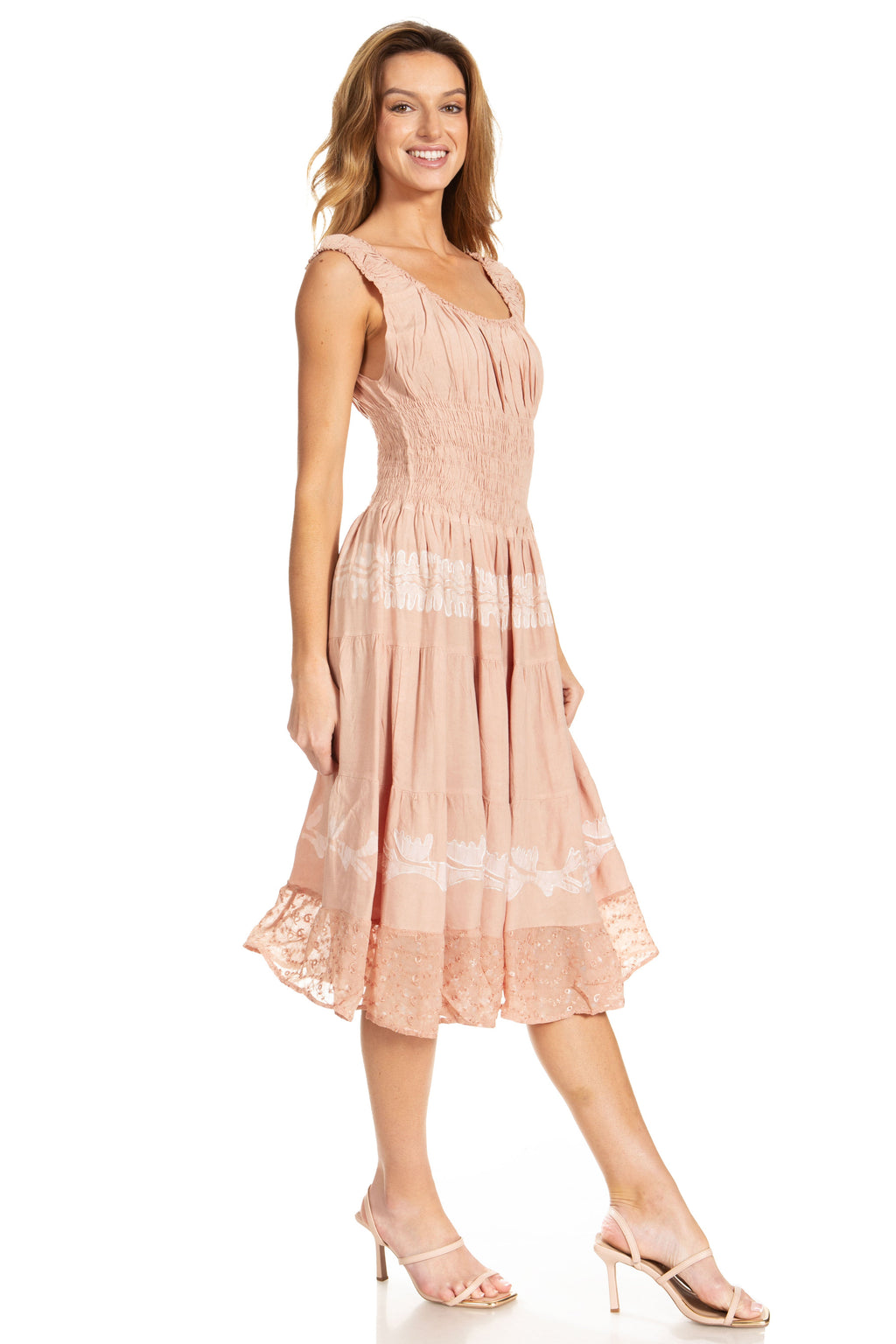 Sakkas Alba Women's Off The Shoulder Smock Ruffle Midi Dress Tie Dye & Embroidery