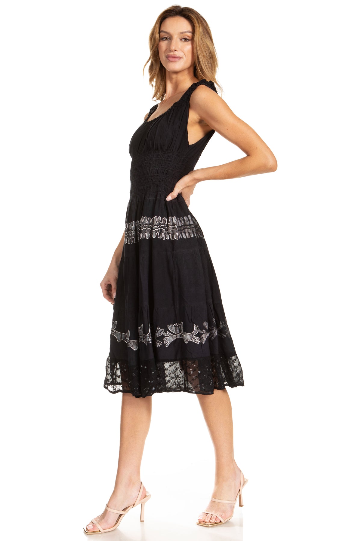 Sakkas Alba Women's Off The Shoulder Smock Ruffle Midi Dress Tie Dye & Embroidery