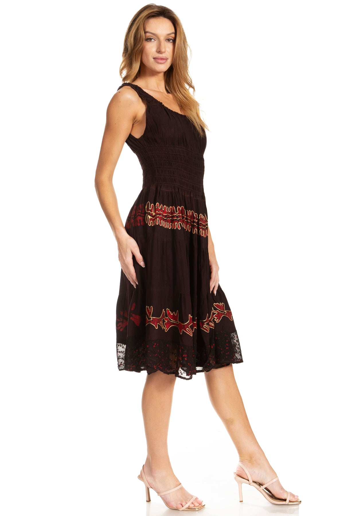 Sakkas Alba Women's Off The Shoulder Smock Ruffle Midi Dress Tie Dye & Embroidery