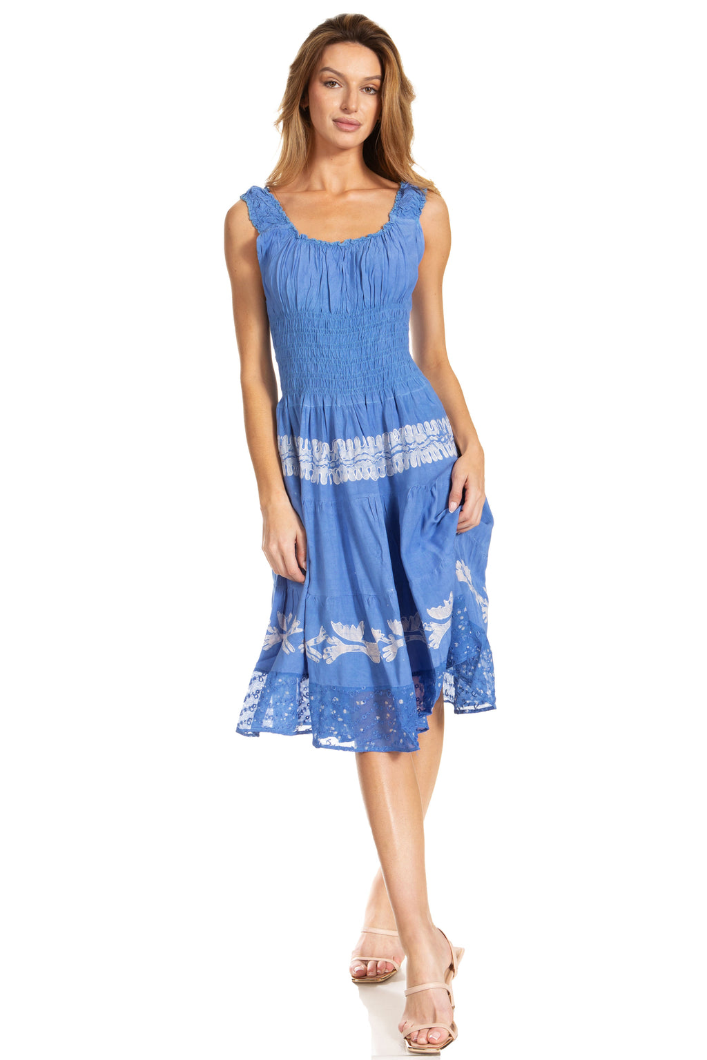 Sakkas Alba Women's Off The Shoulder Smock Ruffle Midi Dress Tie Dye & Embroidery