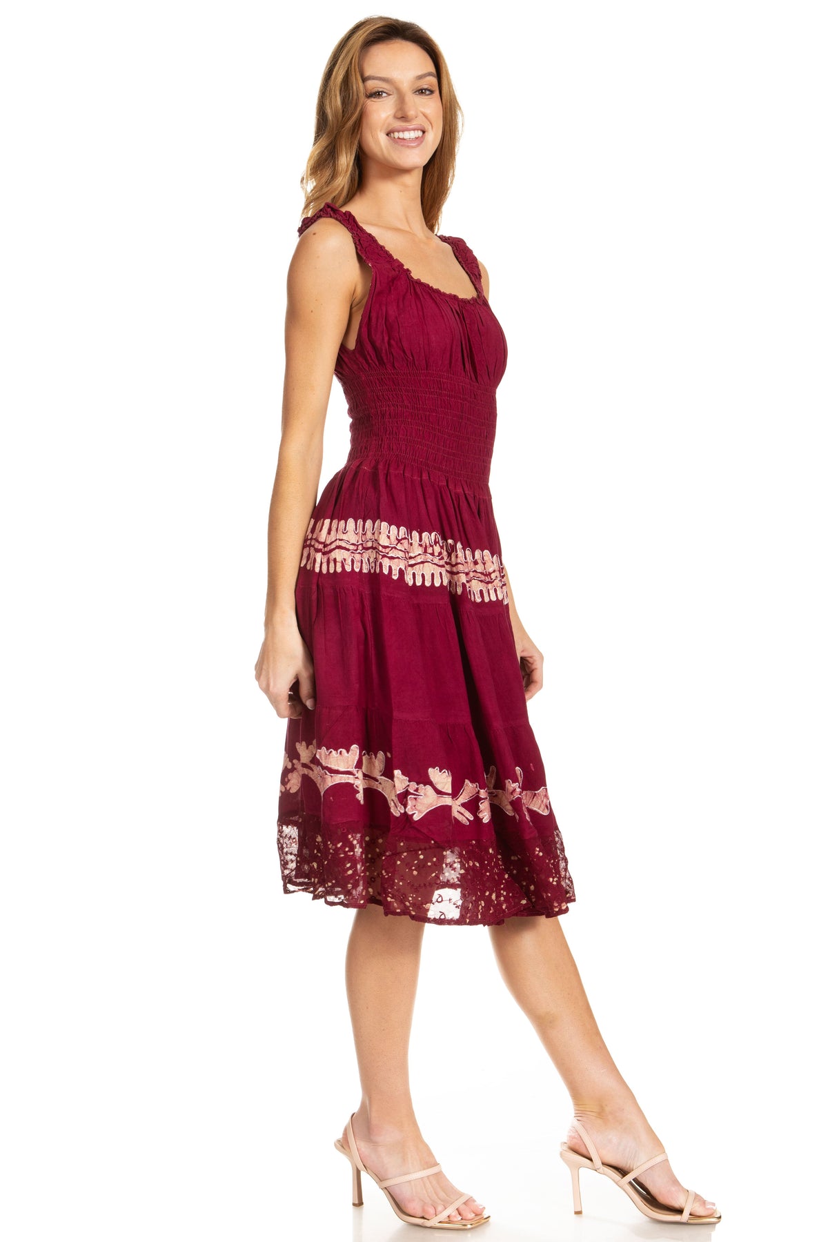 Sakkas Alba Women's Off The Shoulder Smock Ruffle Midi Dress Tie Dye & Embroidery