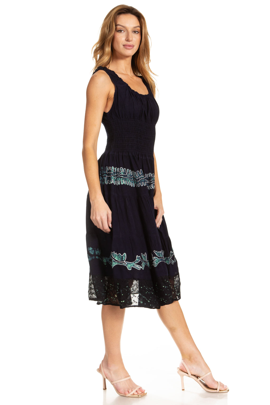 Sakkas Alba Women's Off The Shoulder Smock Ruffle Midi Dress Tie Dye & Embroidery