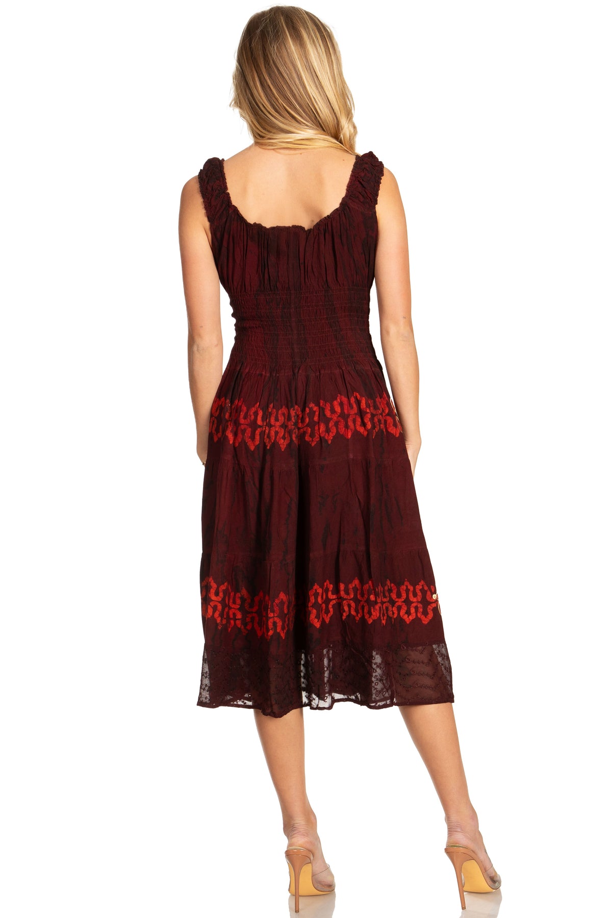 Sakkas Alba Women's Off The Shoulder Smock Ruffle Midi Dress Tie Dye & Embroidery