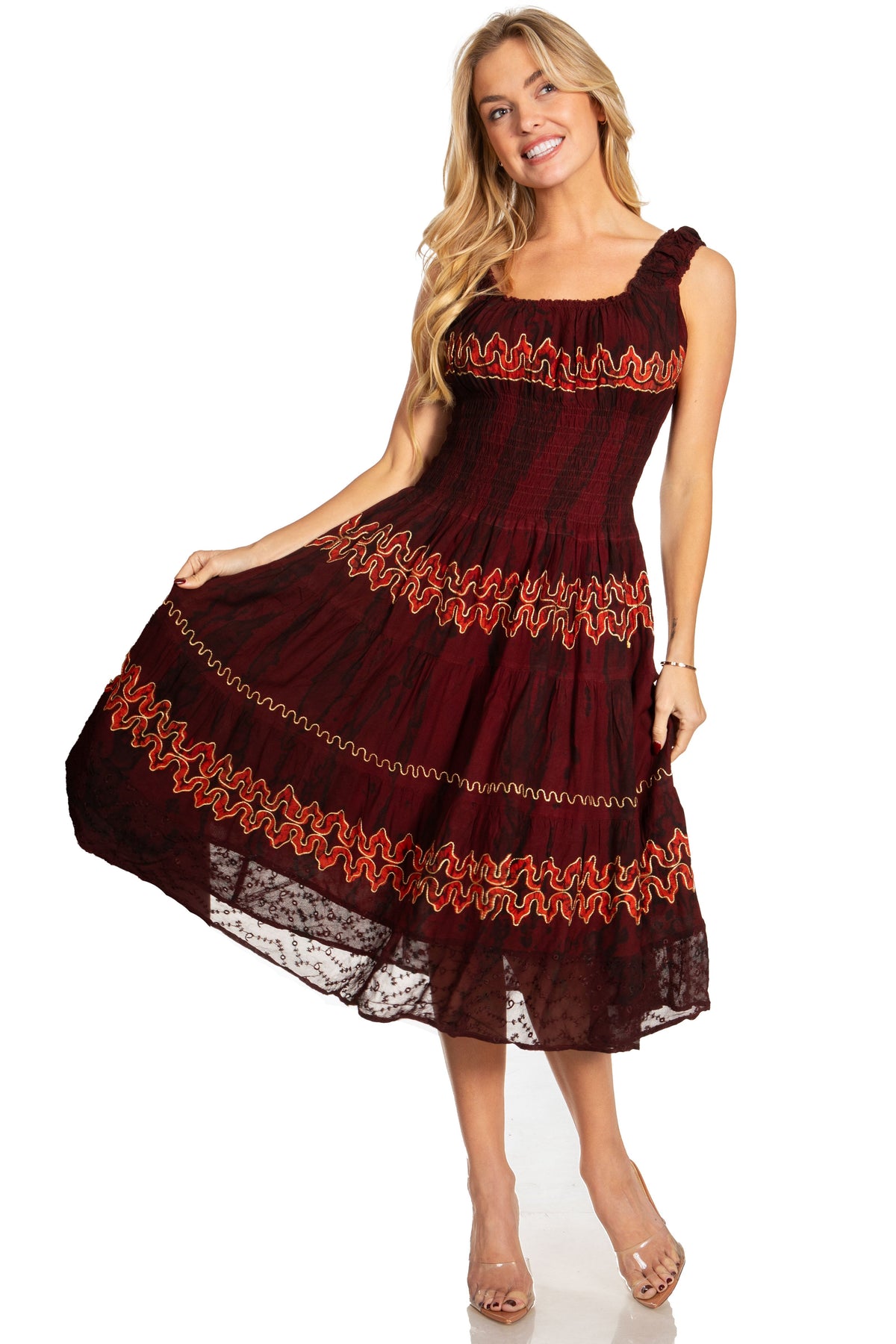 Sakkas Alba Women's Off The Shoulder Smock Ruffle Midi Dress Tie Dye & Embroidery