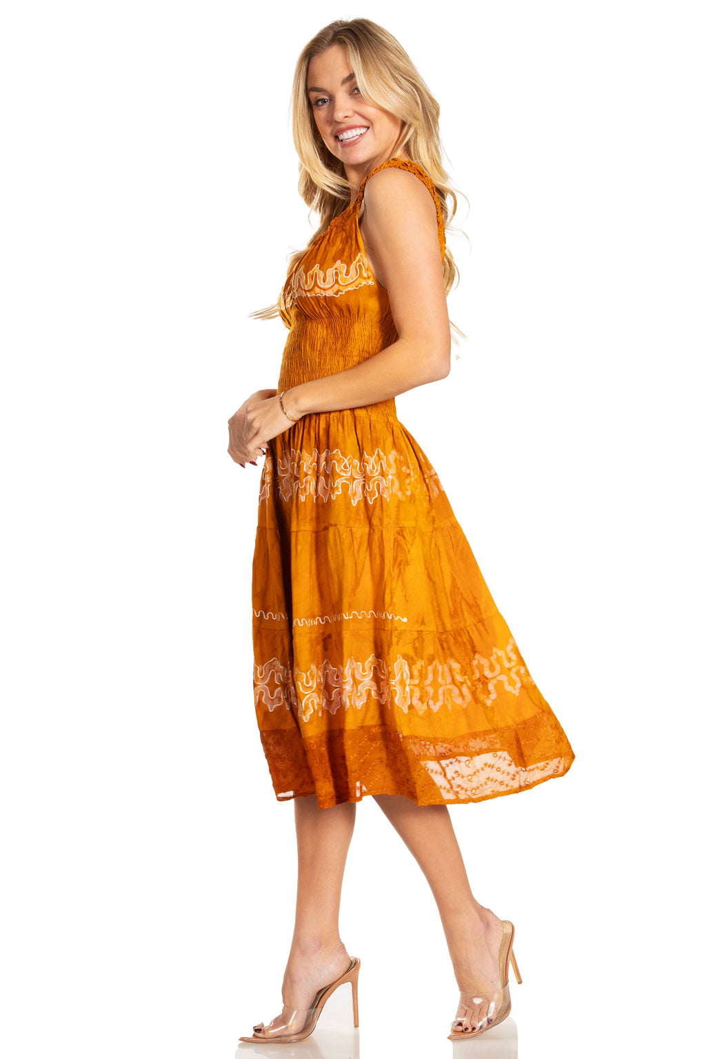 Sakkas Alba Women's Off The Shoulder Smock Ruffle Midi Dress Tie Dye & Embroidery