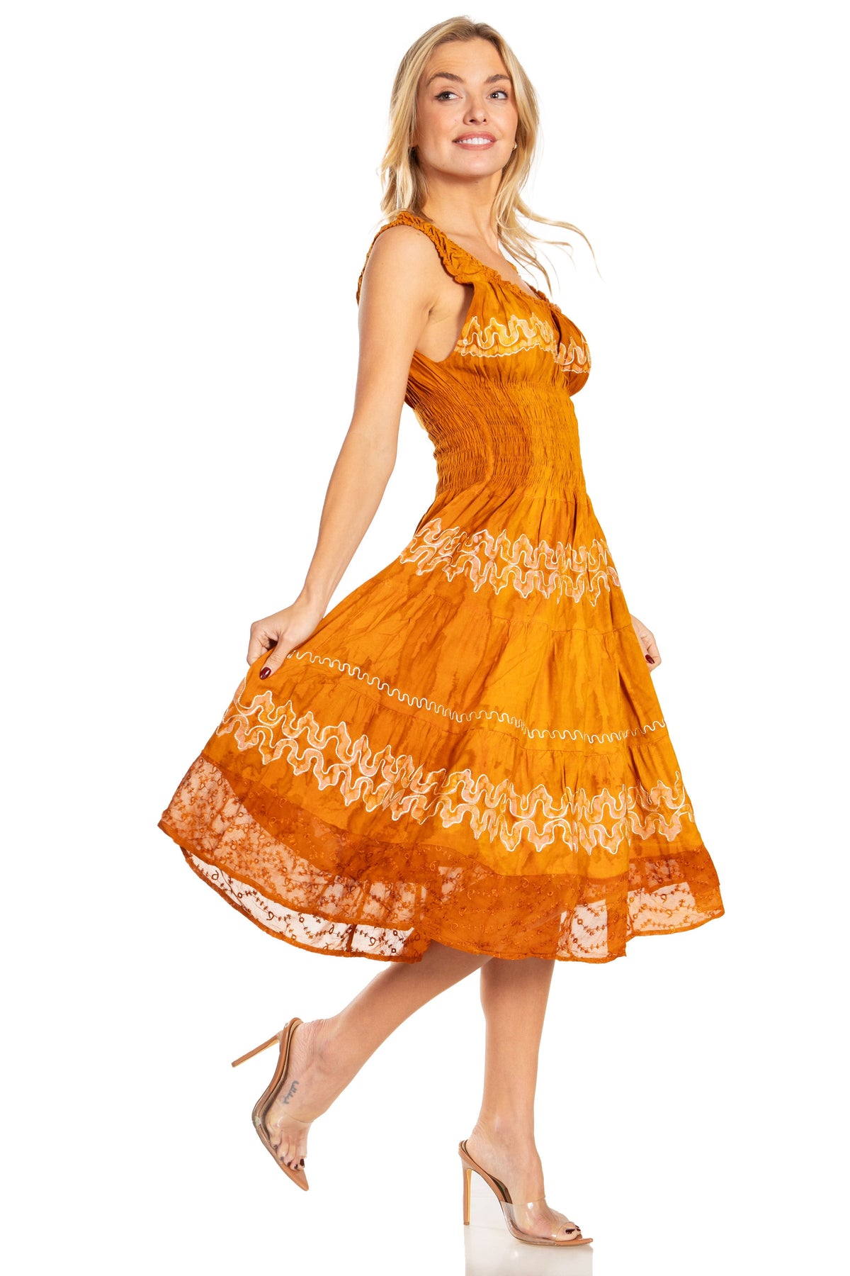 Sakkas Alba Women's Off The Shoulder Smock Ruffle Midi Dress Tie Dye & Embroidery