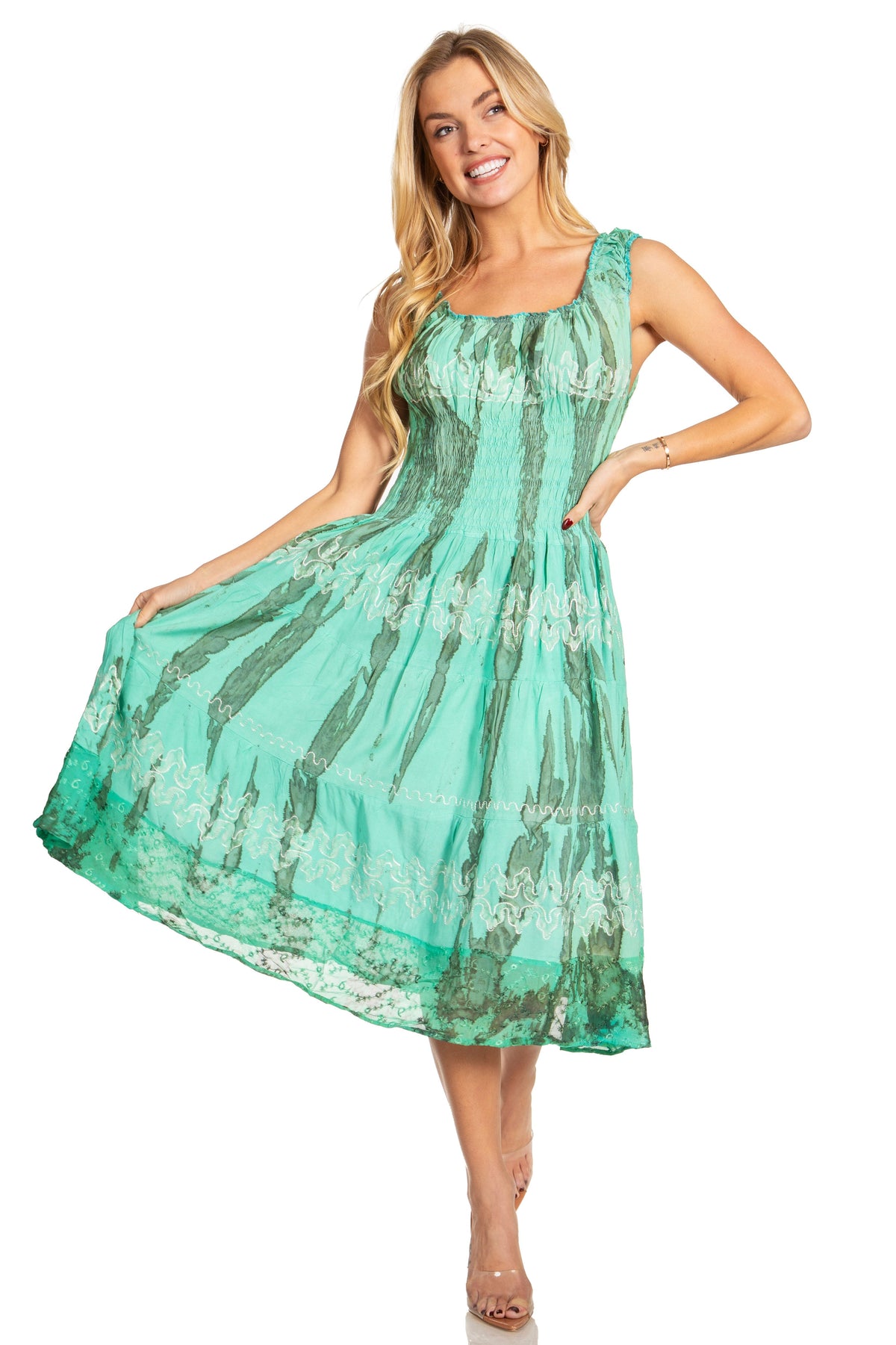 Sakkas Alba Women's Off The Shoulder Smock Ruffle Midi Dress Tie Dye & Embroidery