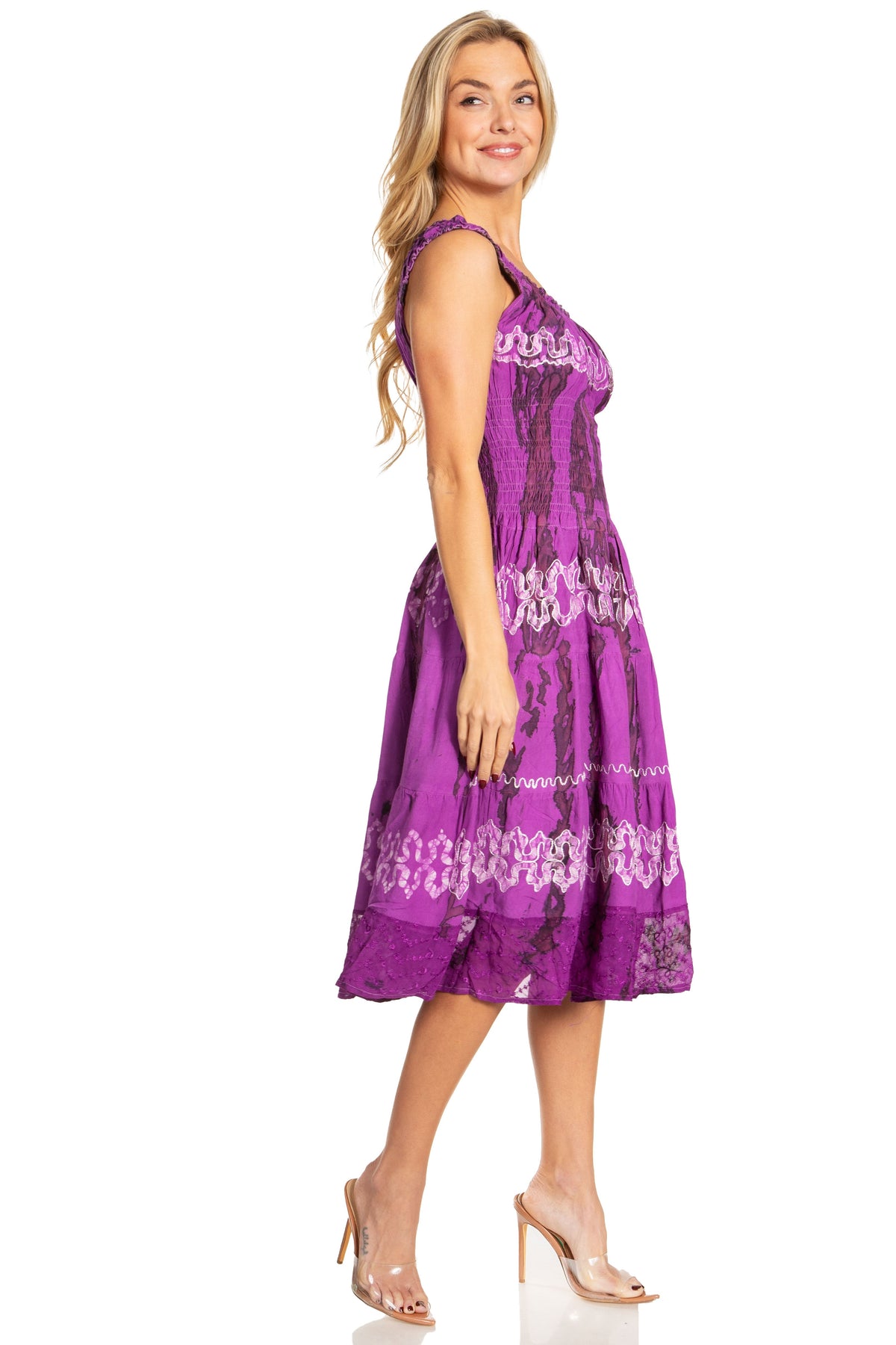 Sakkas Alba Women's Off The Shoulder Smock Ruffle Midi Dress Tie Dye & Embroidery