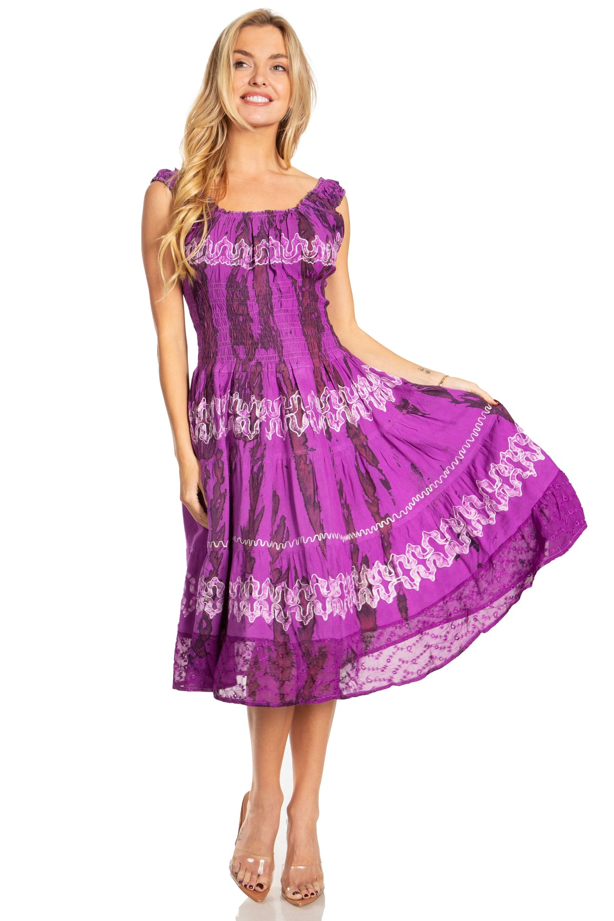Sakkas Alba Women's Off The Shoulder Smock Ruffle Midi Dress Tie Dye & Embroidery