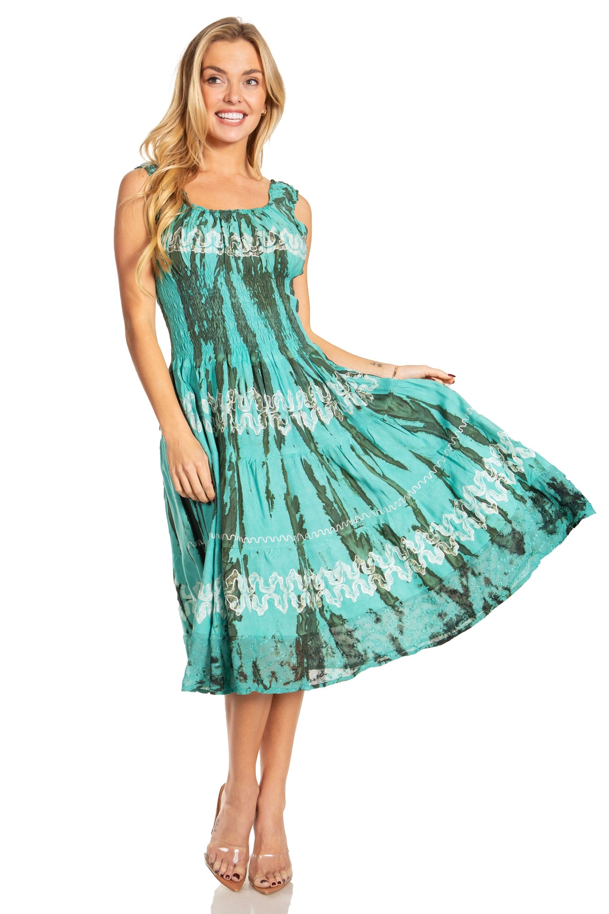 Sakkas Alba Women's Off The Shoulder Smock Ruffle Midi Dress Tie Dye & Embroidery