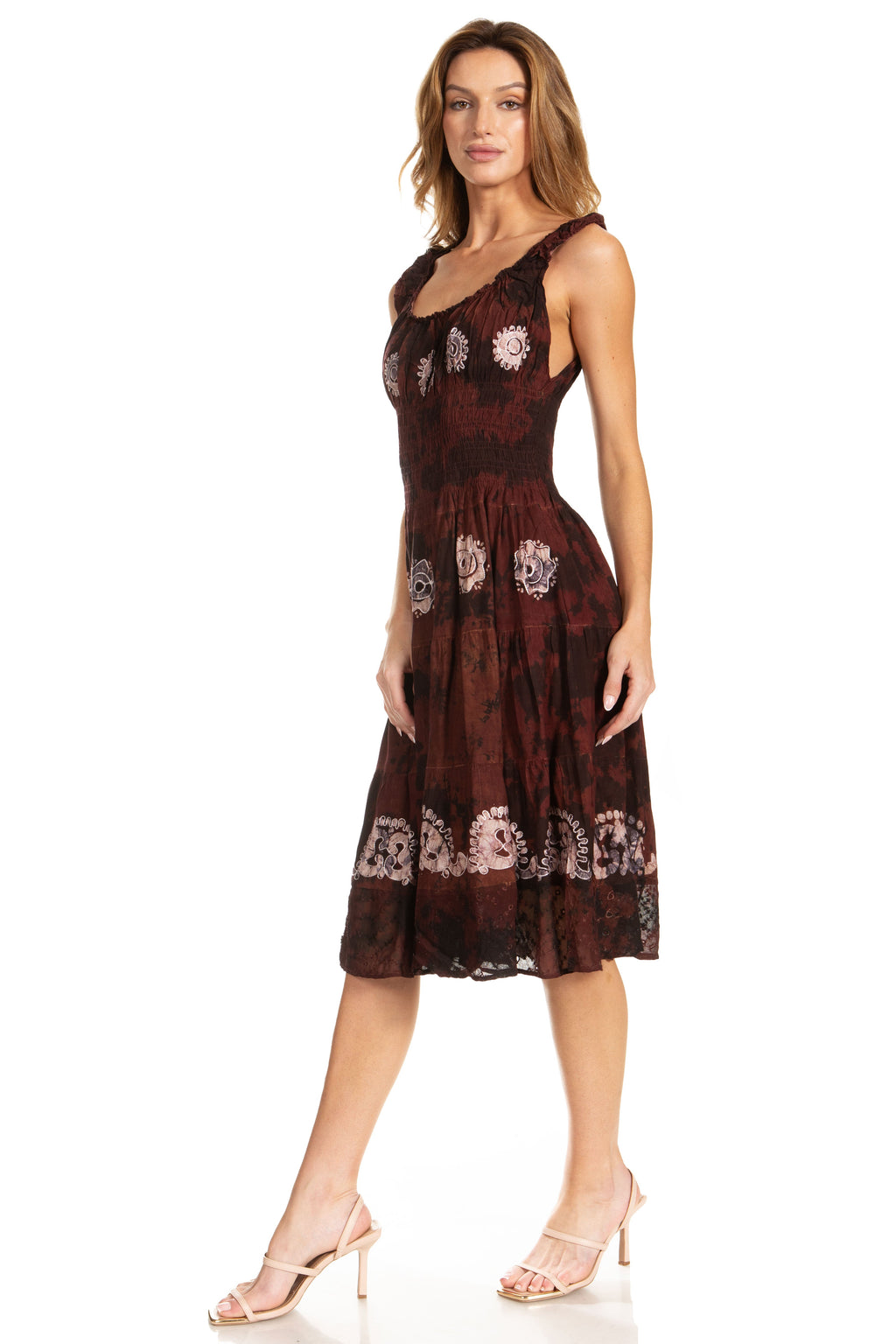 Sakkas Alba Women's Off The Shoulder Smock Ruffle Midi Dress Tie Dye & Embroidery