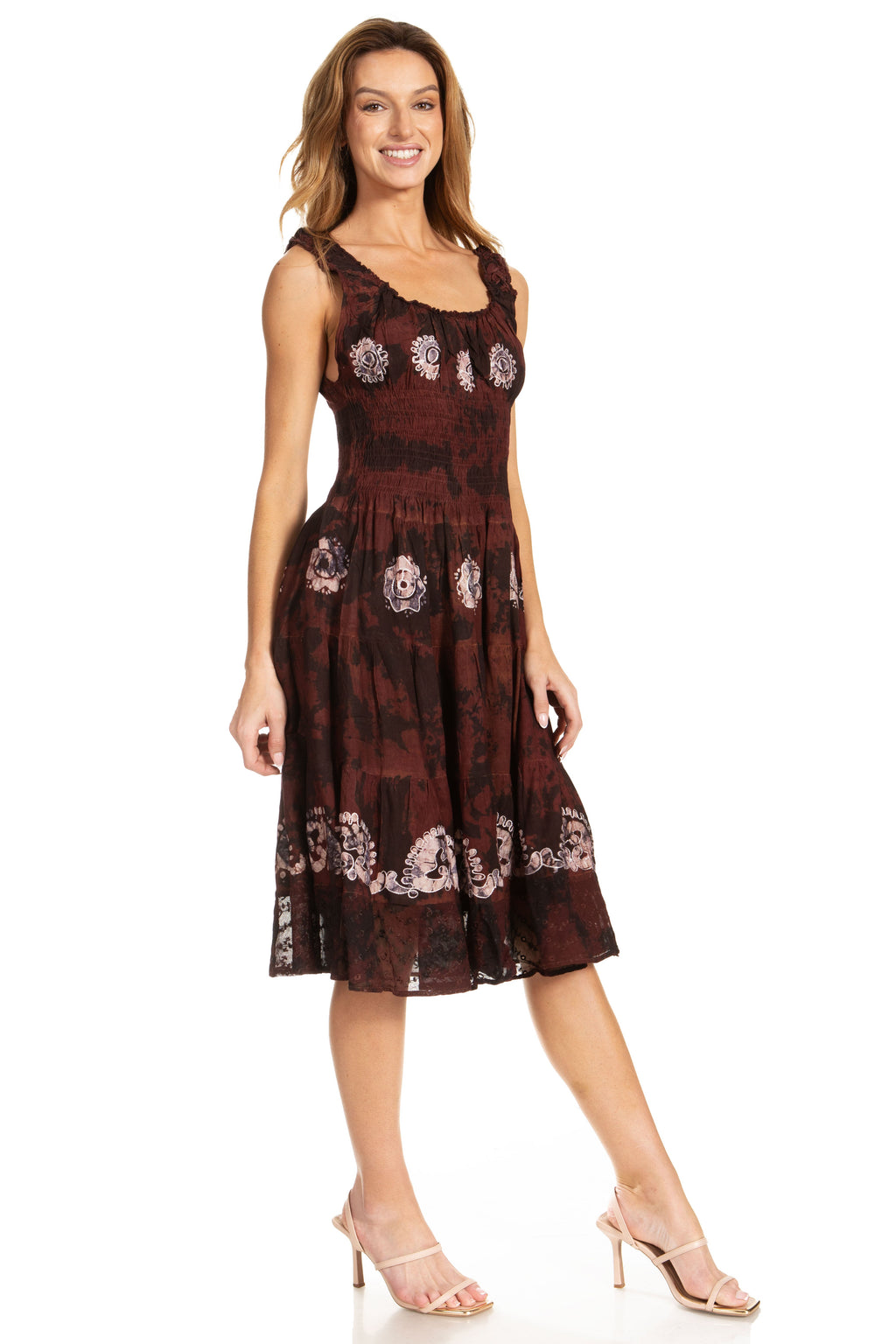 Sakkas Alba Women's Off The Shoulder Smock Ruffle Midi Dress Tie Dye & Embroidery