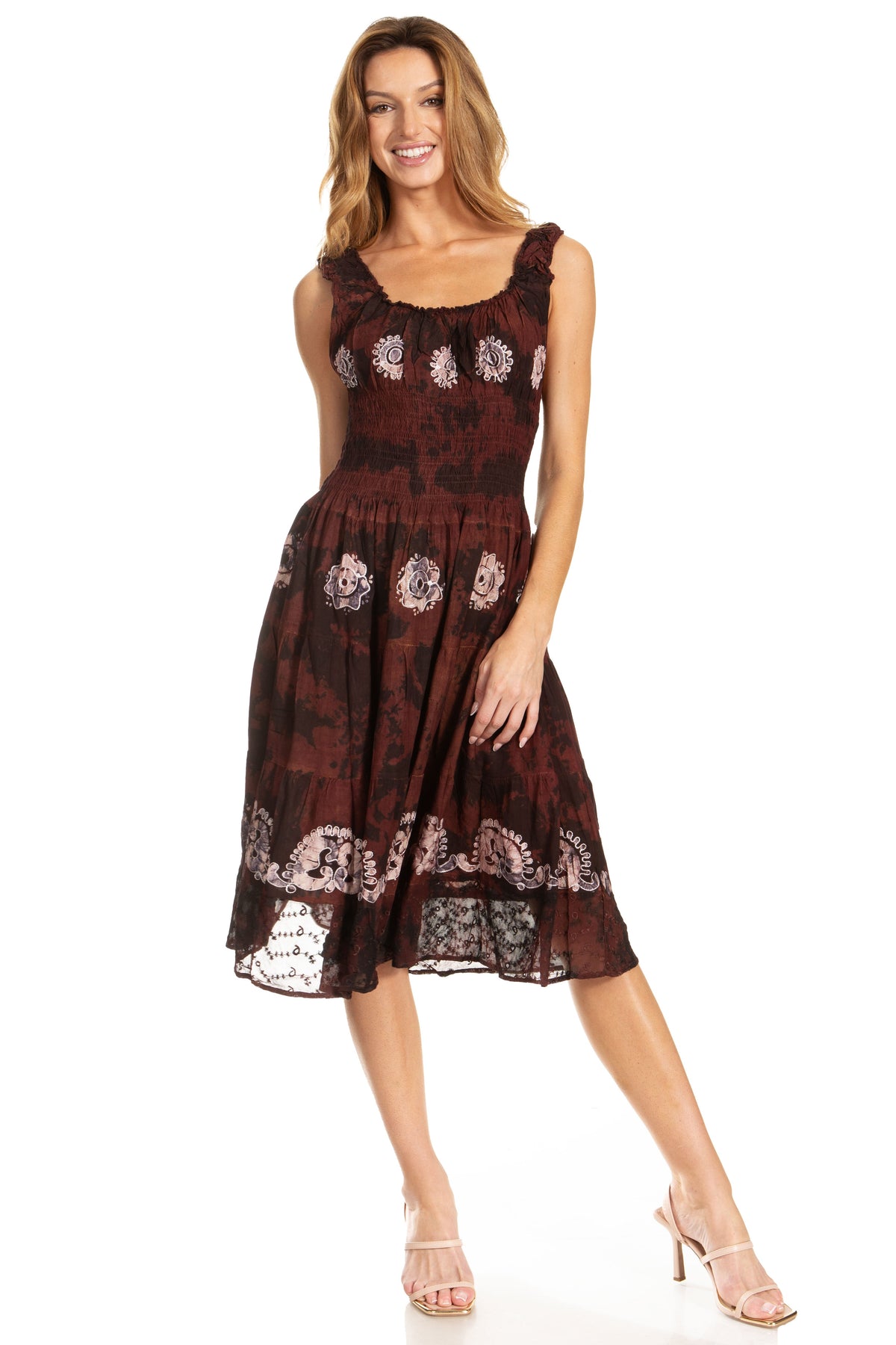 Sakkas Alba Women's Off The Shoulder Smock Ruffle Midi Dress Tie Dye & Embroidery