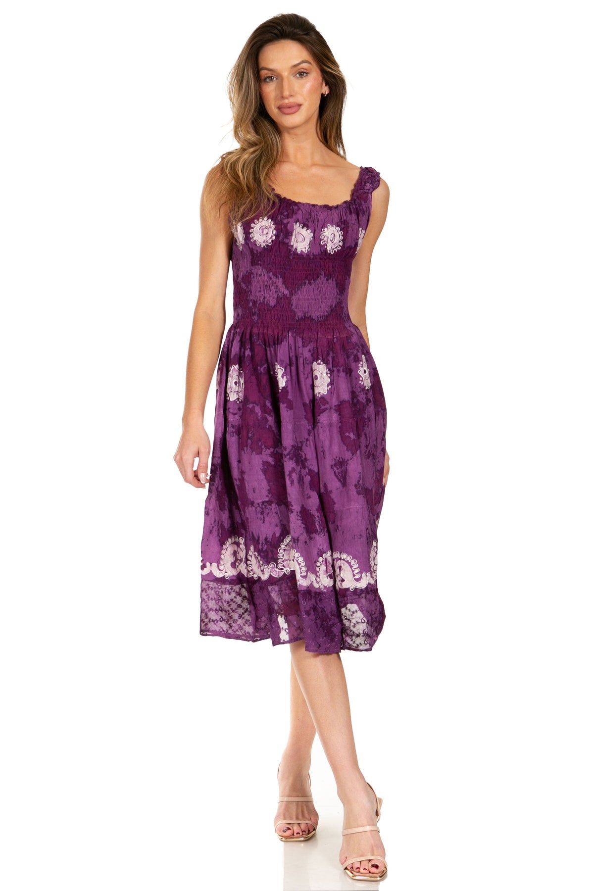 Sakkas Alba Women's Off The Shoulder Smock Ruffle Midi Dress Tie Dye & Embroidery
