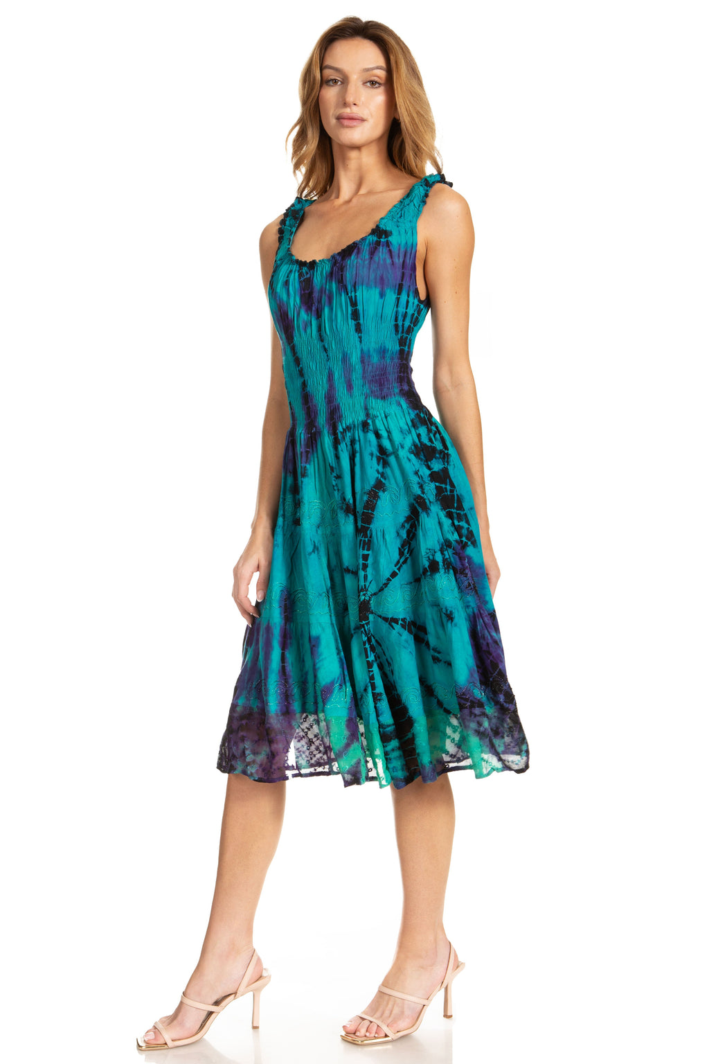 Sakkas Alba Women's Off The Shoulder Smock Ruffle Midi Dress Tie Dye & Embroidery
