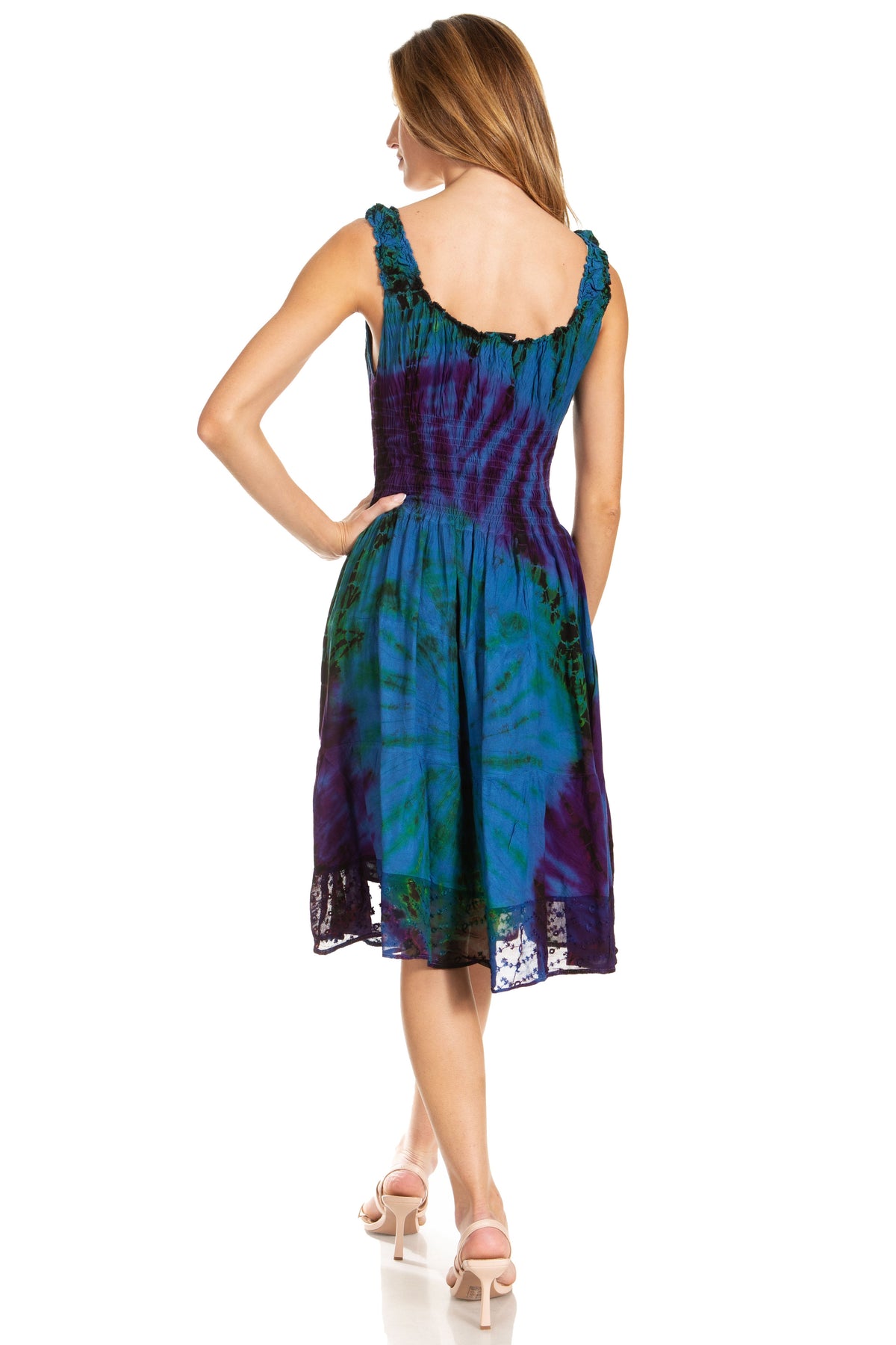 Sakkas Alba Women's Off The Shoulder Smock Ruffle Midi Dress Tie Dye & Embroidery