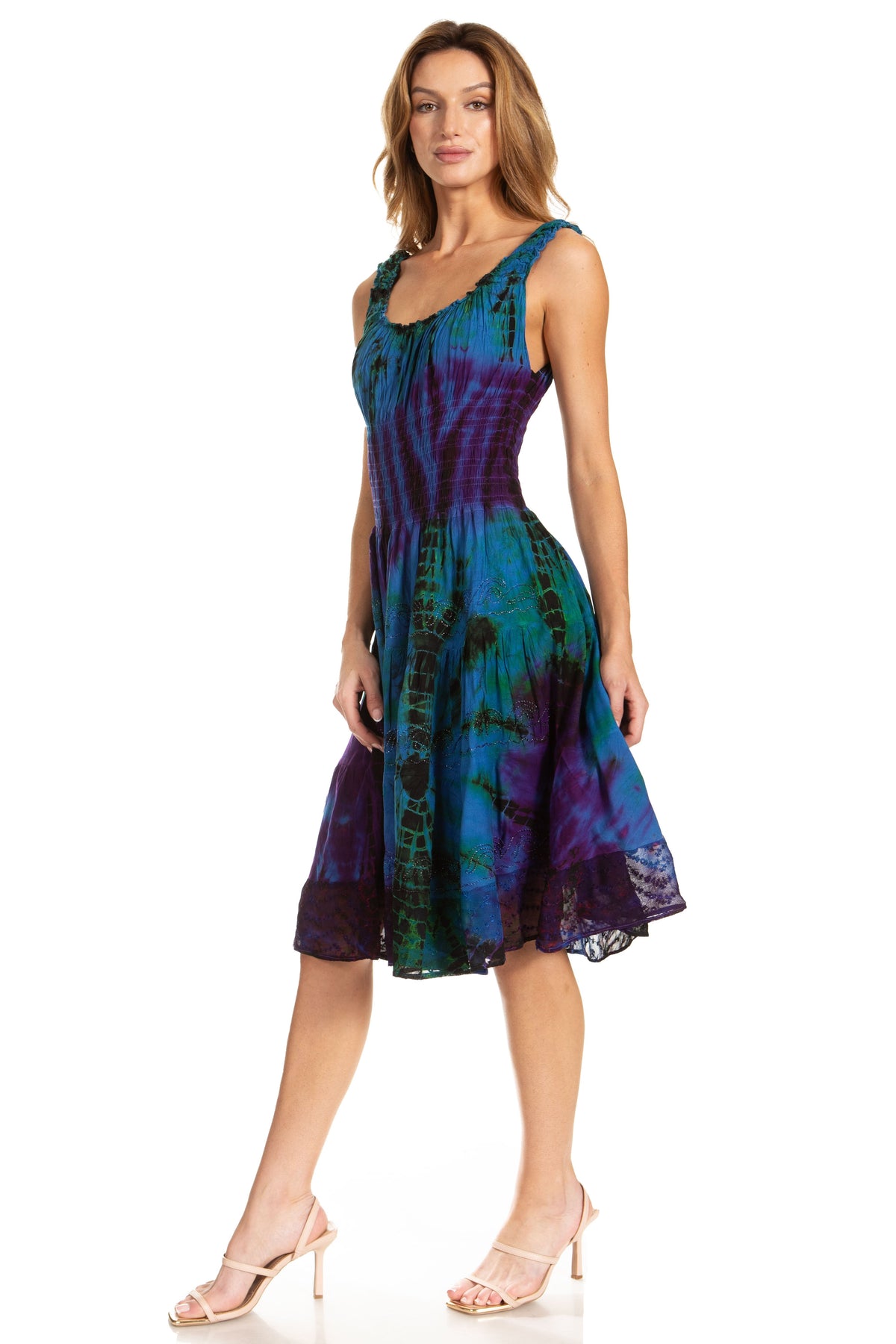 Sakkas Alba Women's Off The Shoulder Smock Ruffle Midi Dress Tie Dye & Embroidery