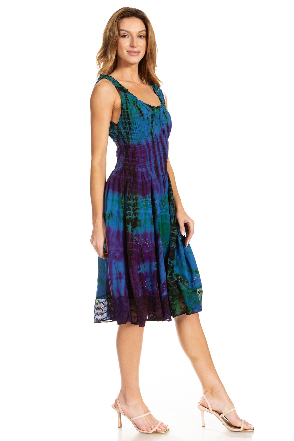 Sakkas Alba Women's Off The Shoulder Smock Ruffle Midi Dress Tie Dye & Embroidery
