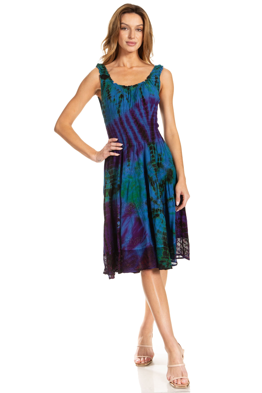 Sakkas Alba Women's Off The Shoulder Smock Ruffle Midi Dress Tie Dye & Embroidery