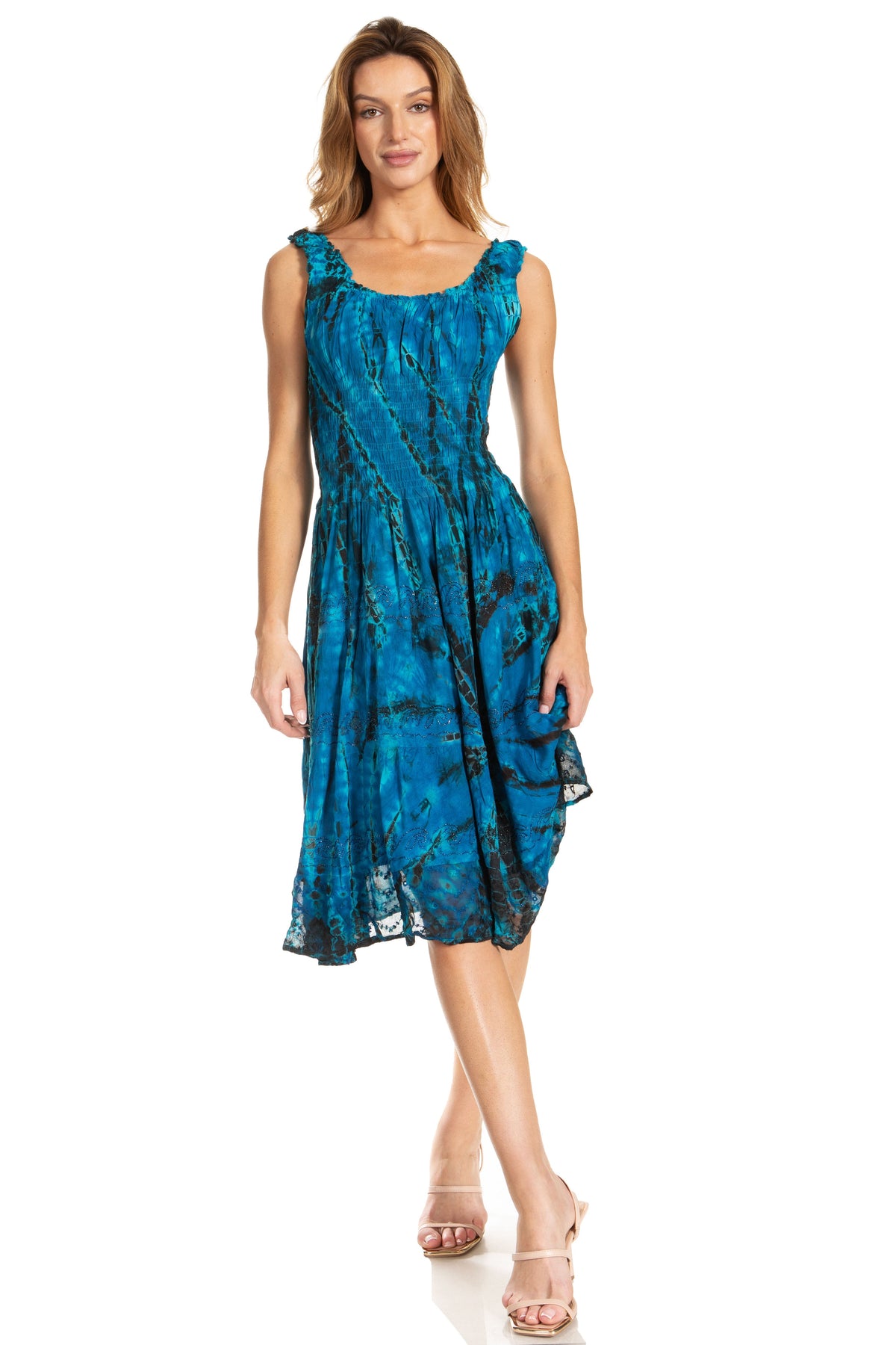 Sakkas Alba Women's Off The Shoulder Smock Ruffle Midi Dress Tie Dye & Embroidery