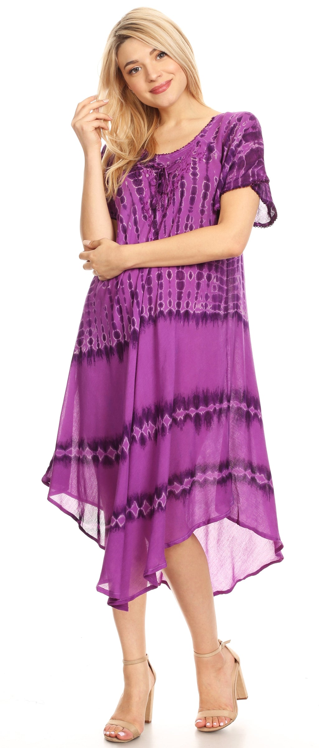Sakkas Dalida Women's Short Sleeve Corset Tie dye Embroidered Flared Dress