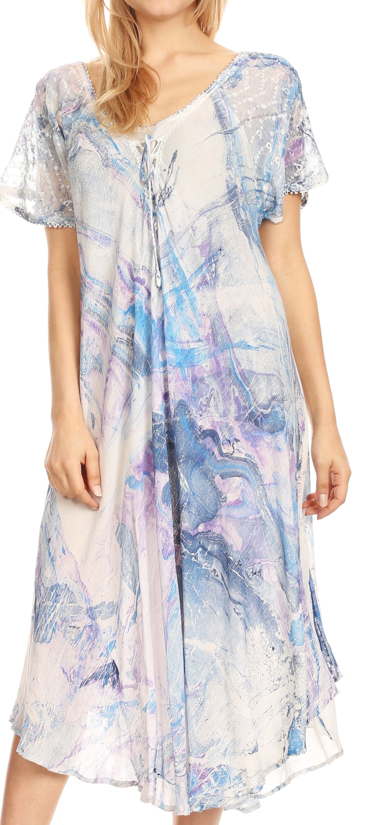 Sakkas Dalida Women's Short Sleeve Corset Tie dye Embroidered Flared Dress
