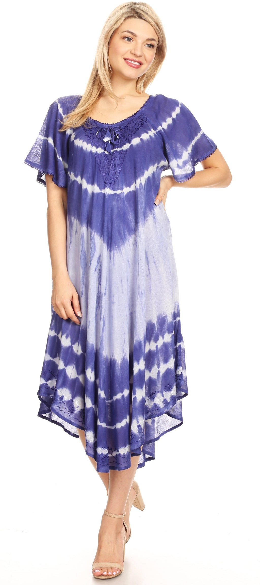 Sakkas Dalida Women's Short Sleeve Corset Tie dye Embroidered Flared Dress