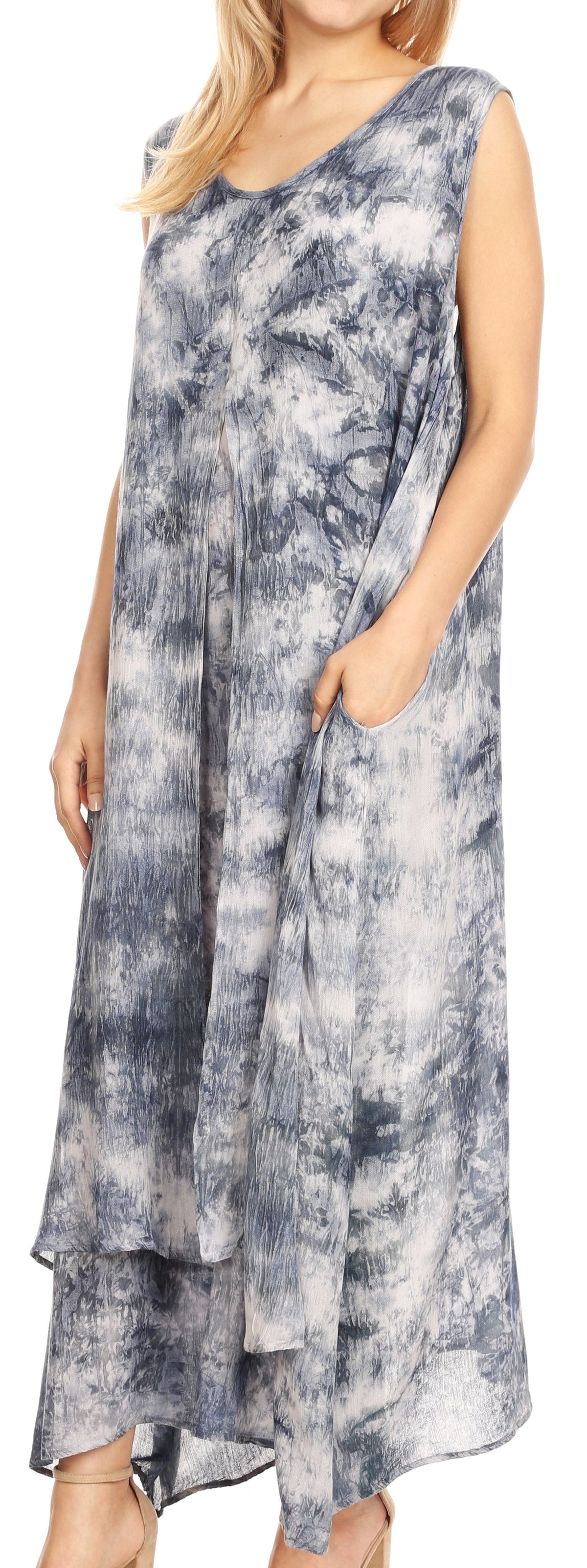 Sakkas Arisa Women's Maxi Casual Tie Dye Sleeveless Layered Cover up Tank Dress